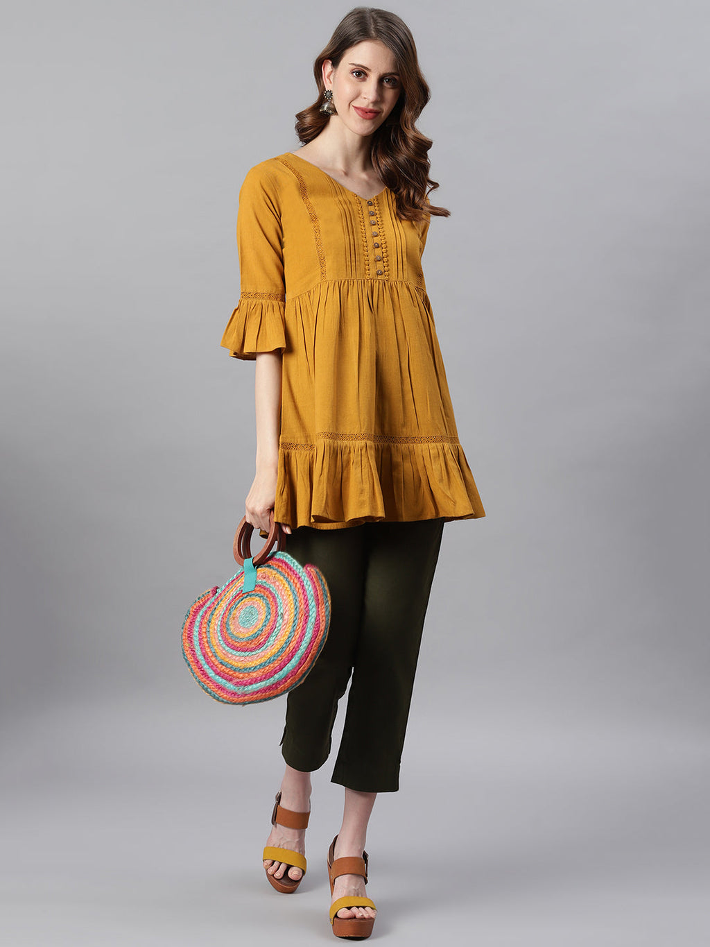 Janasya Women's Mustard Cotton Flex Embellished Gathered Tunic