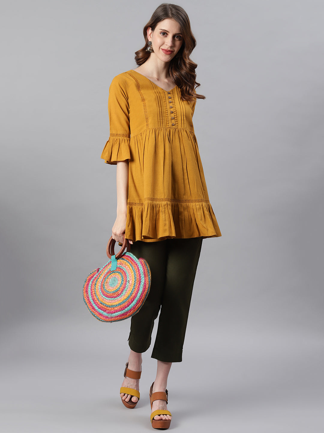 Janasya Women's Mustard Cotton Flex Embellished Gathered Tunic