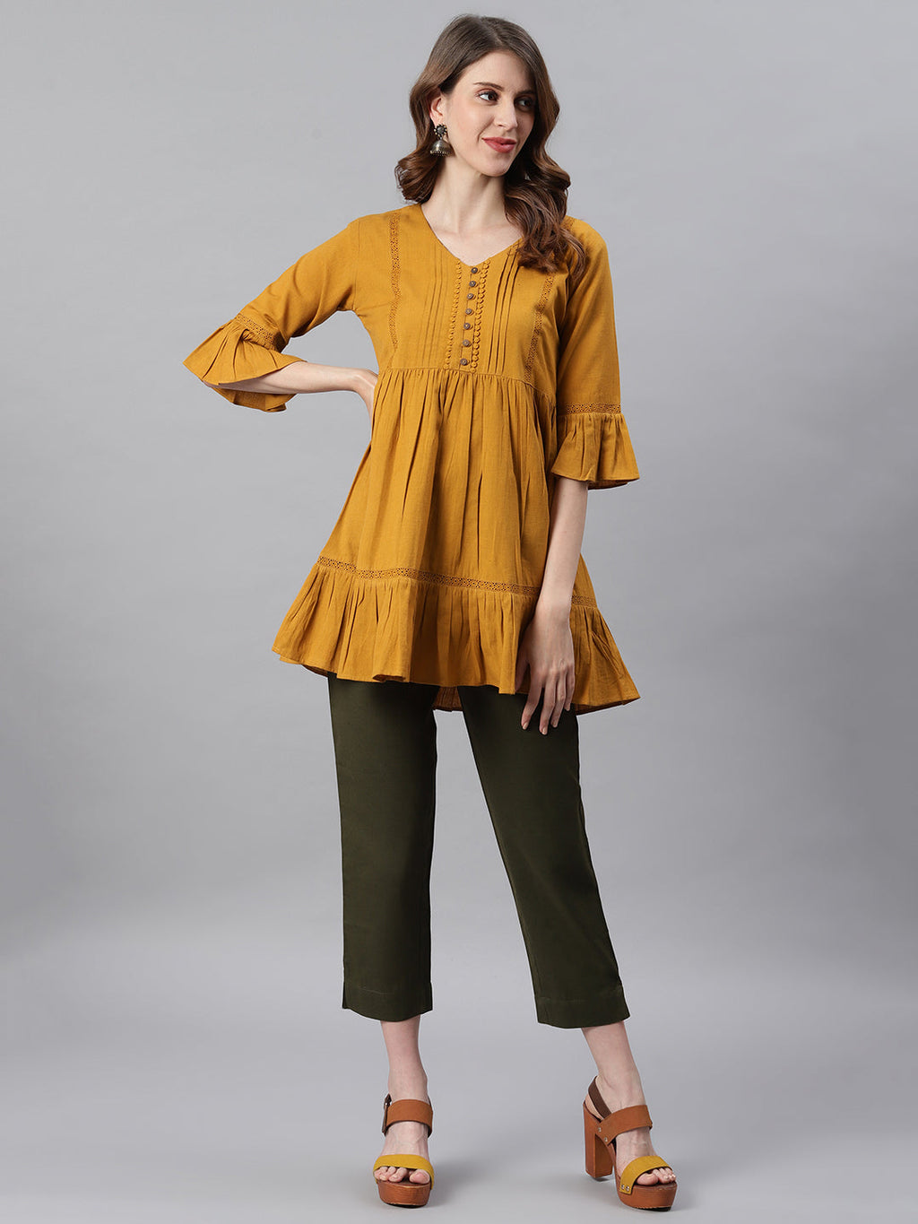Janasya Women's Mustard Cotton Flex Embellished Gathered Tunic