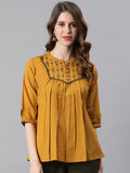 Janasya Women's Mustard Cotton Flex Embroidered A-Line Top