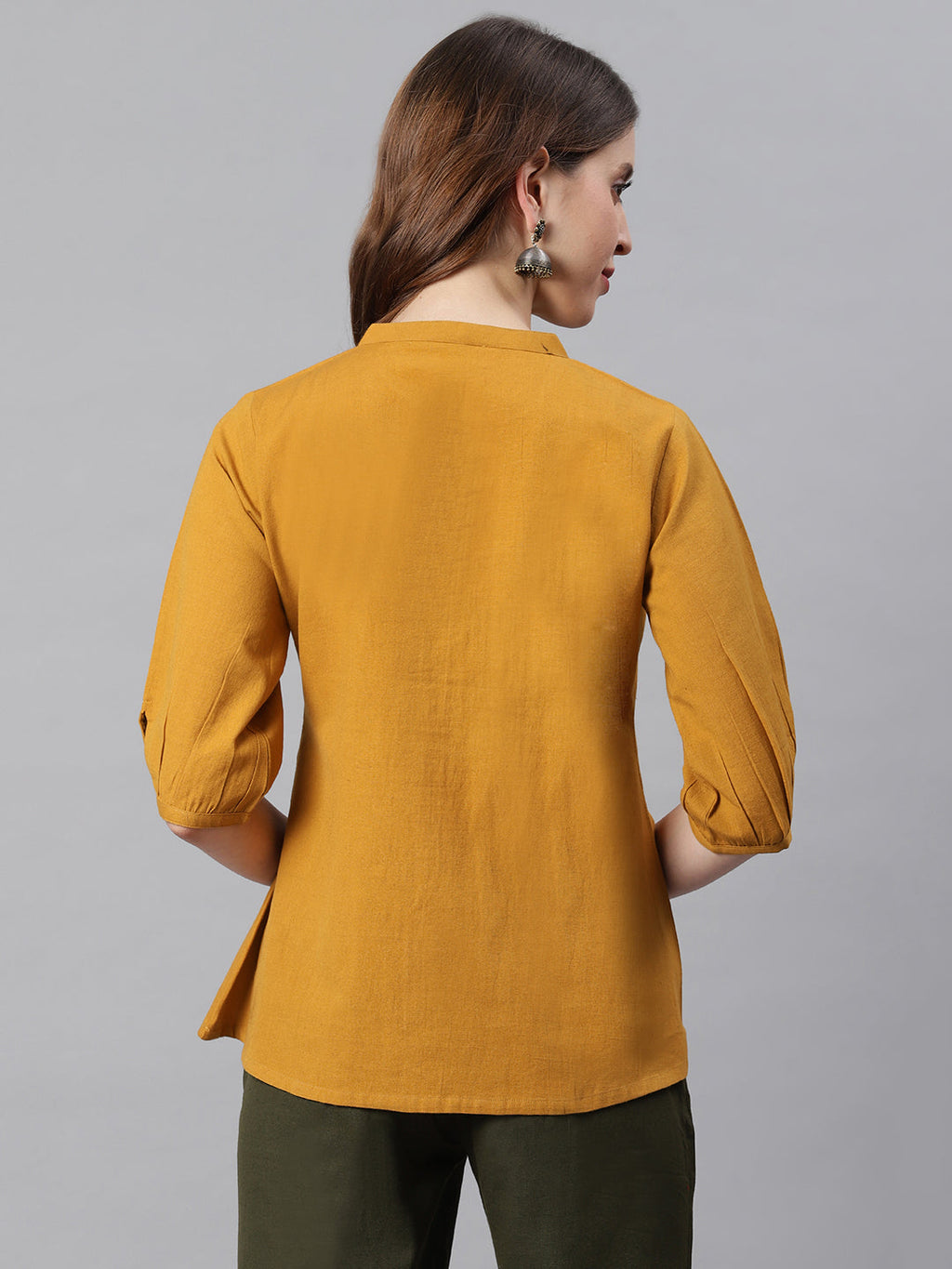 Janasya Women's Mustard Cotton Flex Embroidered A-Line Top