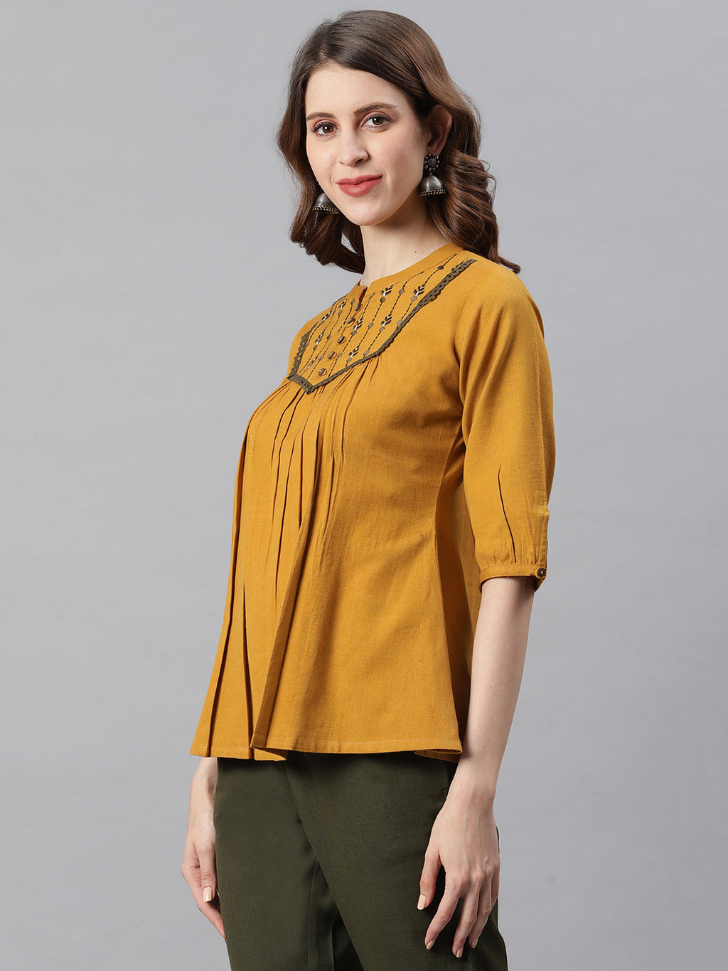 Janasya Women's Mustard Cotton Flex Embroidered A-Line Top