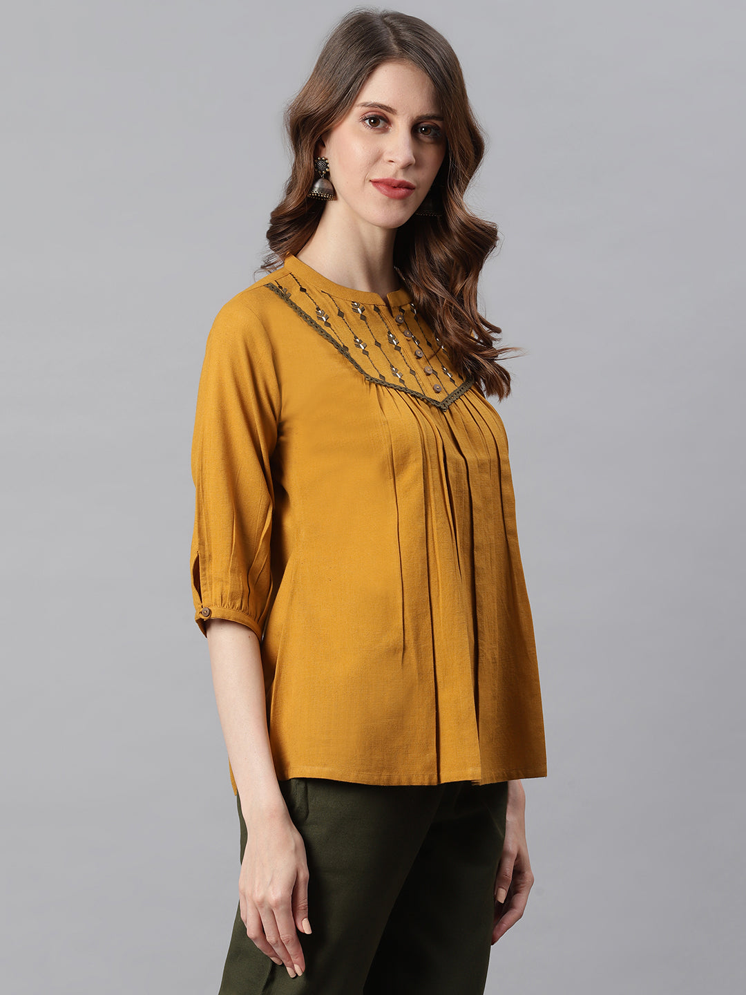 Janasya Women's Mustard Cotton Flex Embroidered A-Line Top