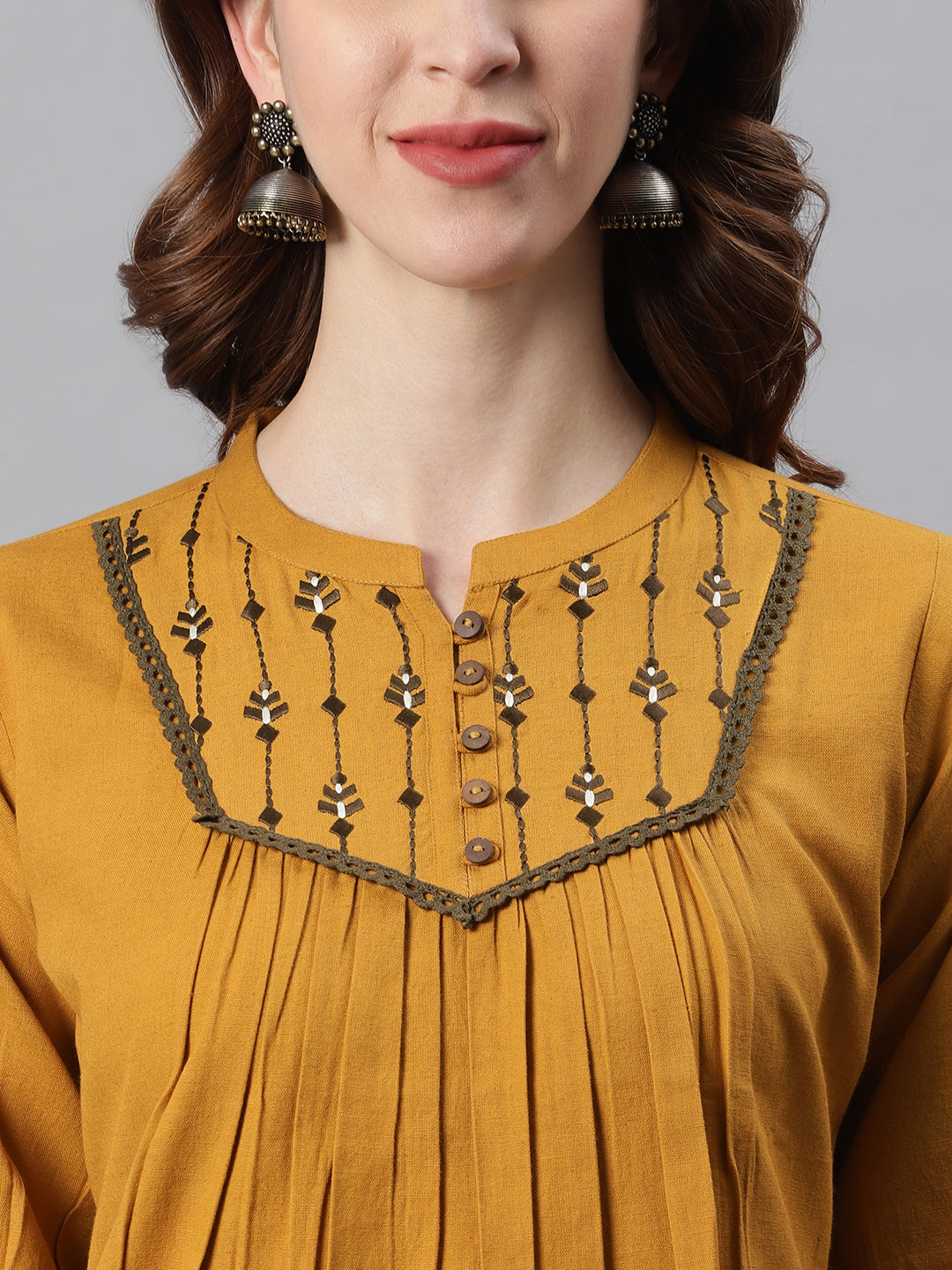 Janasya Women's Mustard Cotton Flex Embroidered A-Line Top