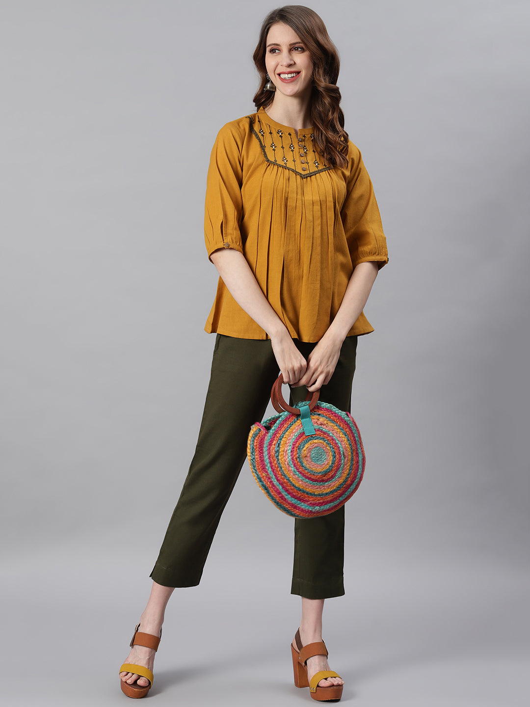 Janasya Women's Mustard Cotton Flex Embroidered A-Line Top