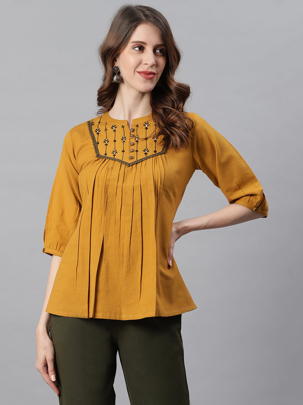 Janasya Women's Mustard Cotton Flex Embroidered A-Line Top