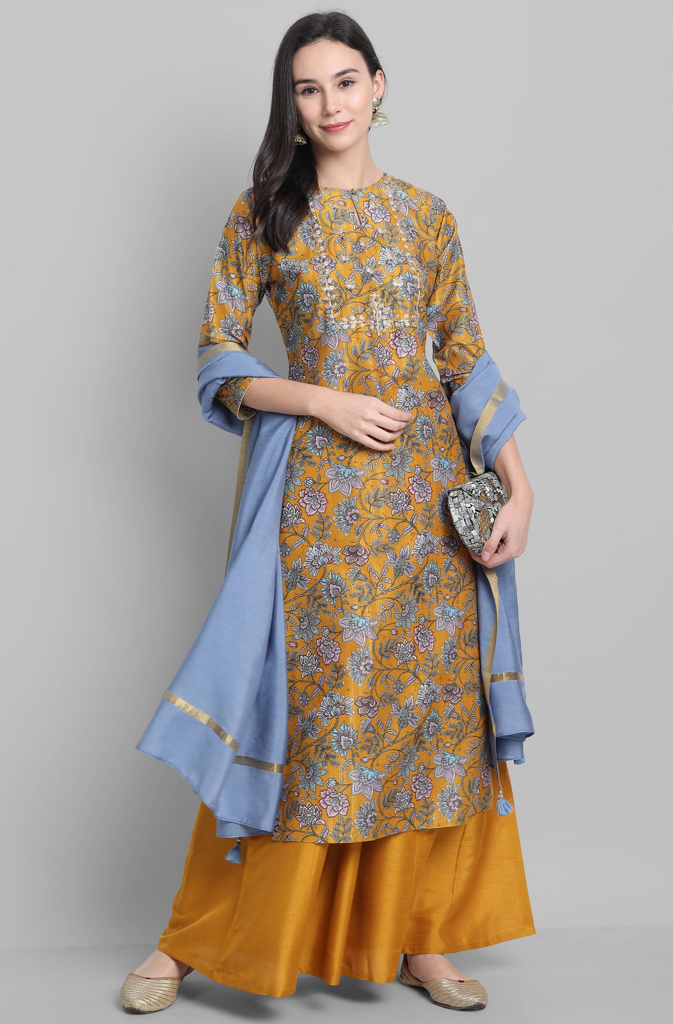 Janasya Women's Mustard Poly Muslin Embroidered Kurta With Palazzo And Dupatta
