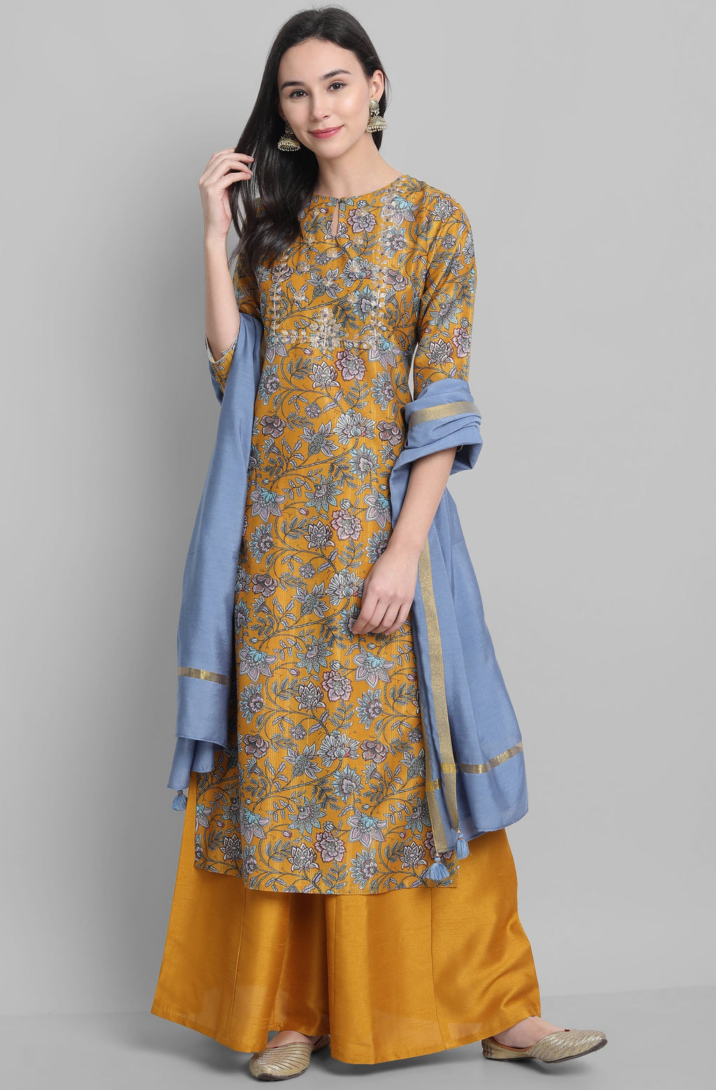 Janasya Women's Mustard Poly Muslin Embroidered Kurta With Palazzo And Dupatta