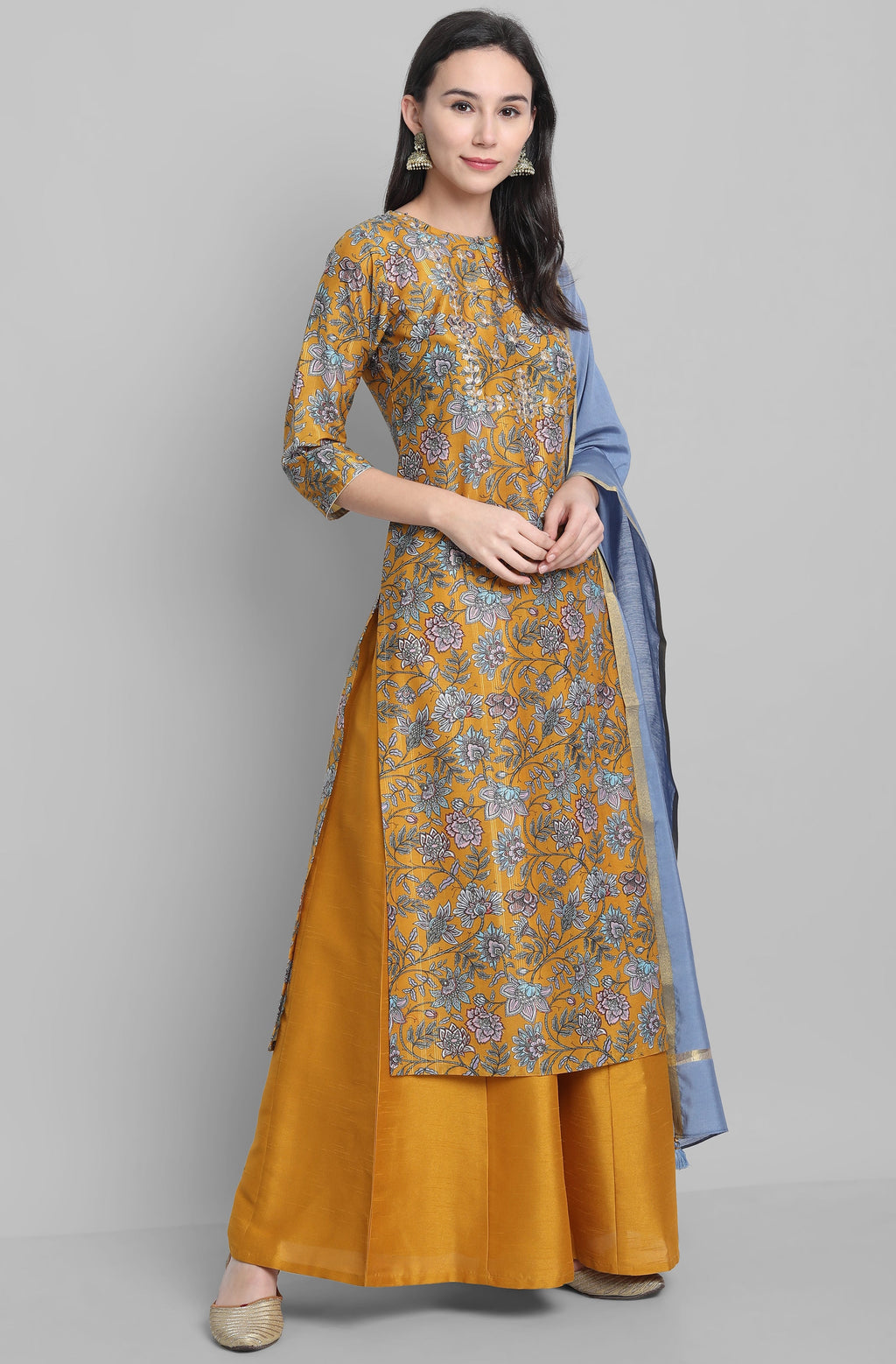 Janasya Women's Mustard Poly Muslin Embroidered Kurta With Palazzo And Dupatta