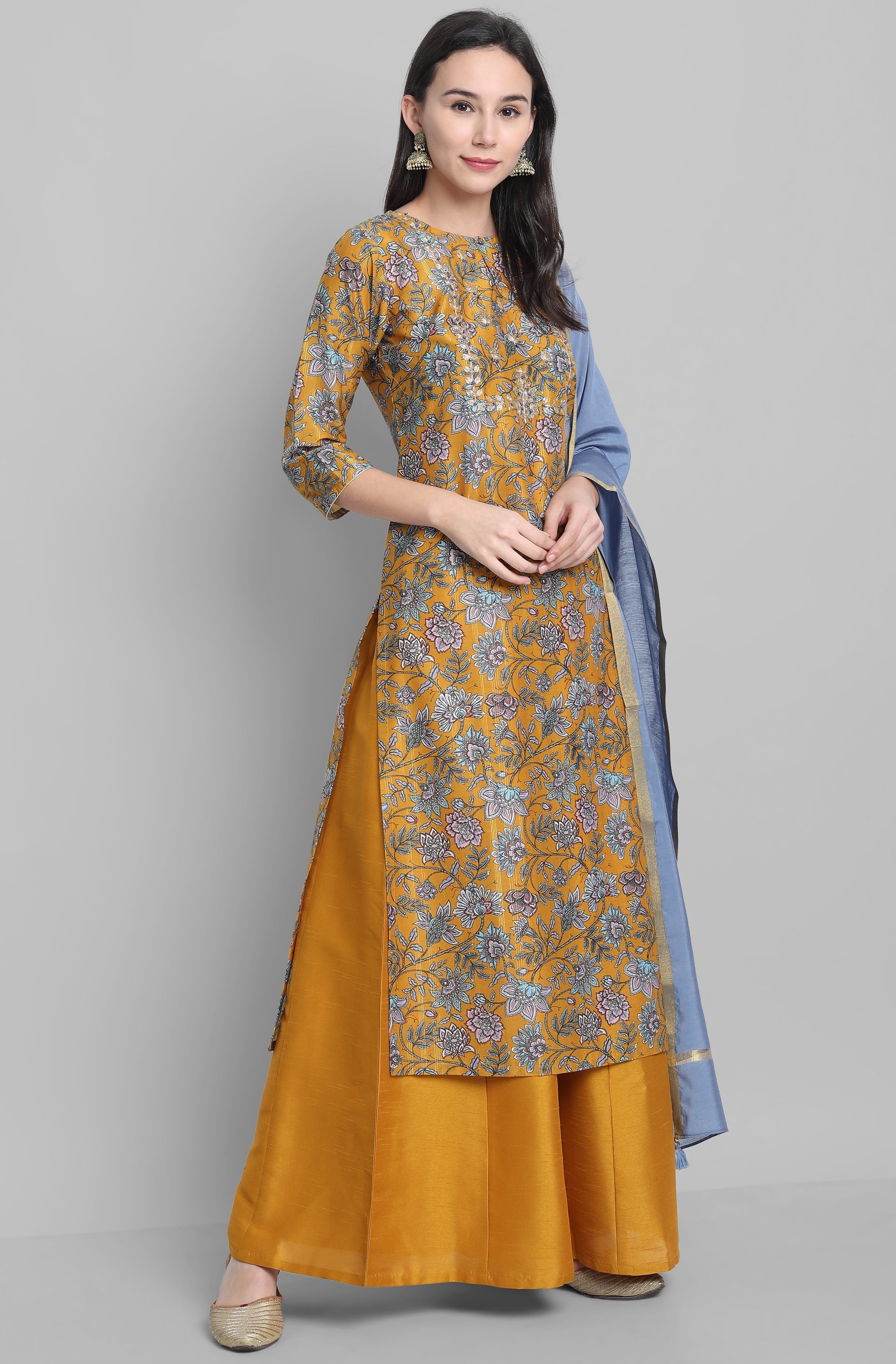 Janasya Women's Mustard Poly Muslin Embroidered Kurta With Palazzo And Dupatta