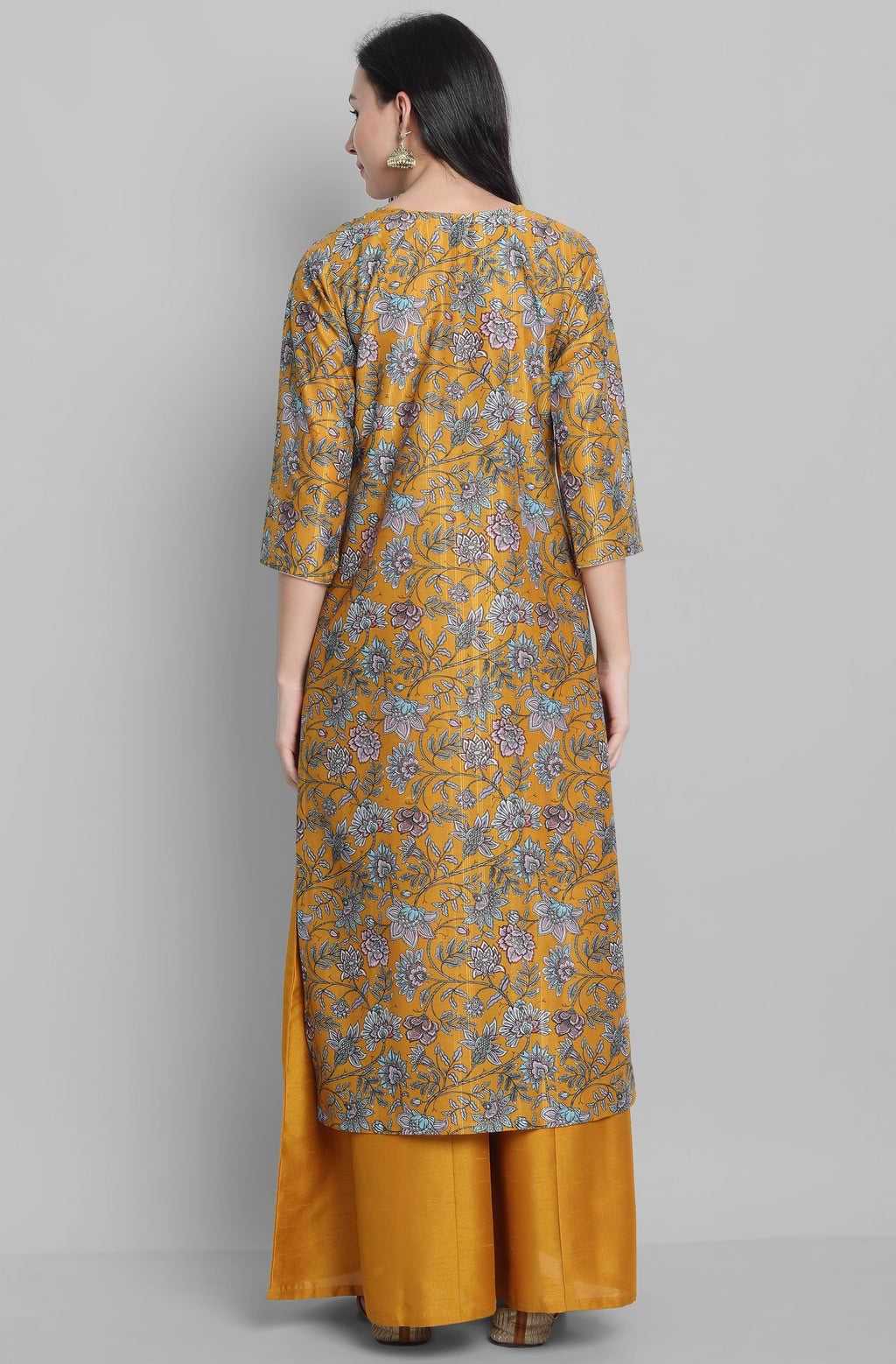 Janasya Women's Mustard Poly Muslin Embroidered Kurta With Palazzo And Dupatta
