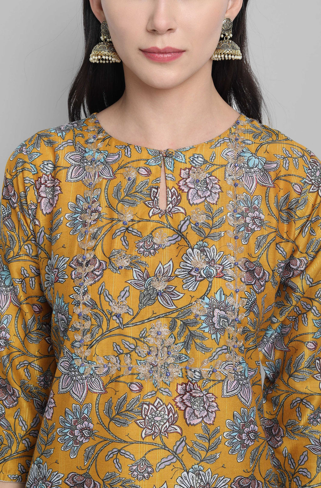 Janasya Women's Mustard Poly Muslin Embroidered Kurta With Palazzo And Dupatta