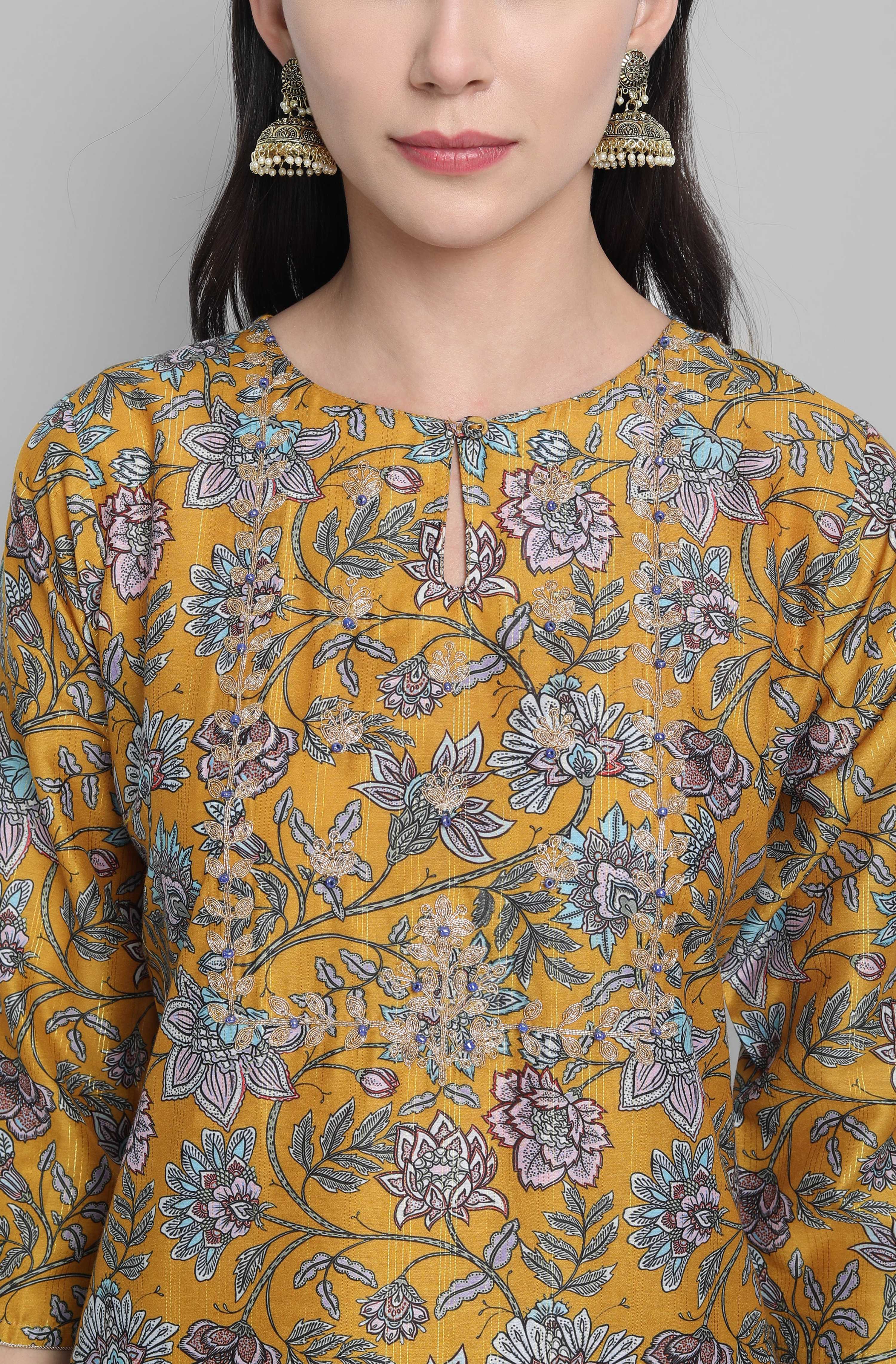 Janasya Women's Mustard Poly Muslin Embroidered Kurta With Palazzo And Dupatta