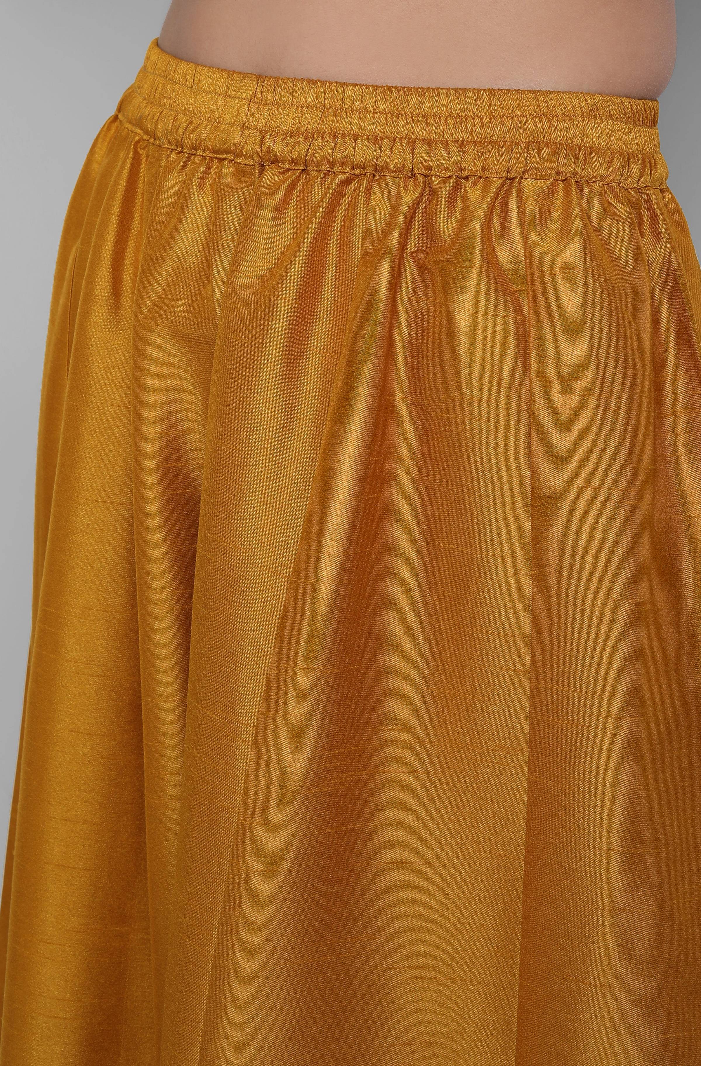 Janasya Women's Mustard Poly Muslin Embroidered Kurta With Palazzo And Dupatta