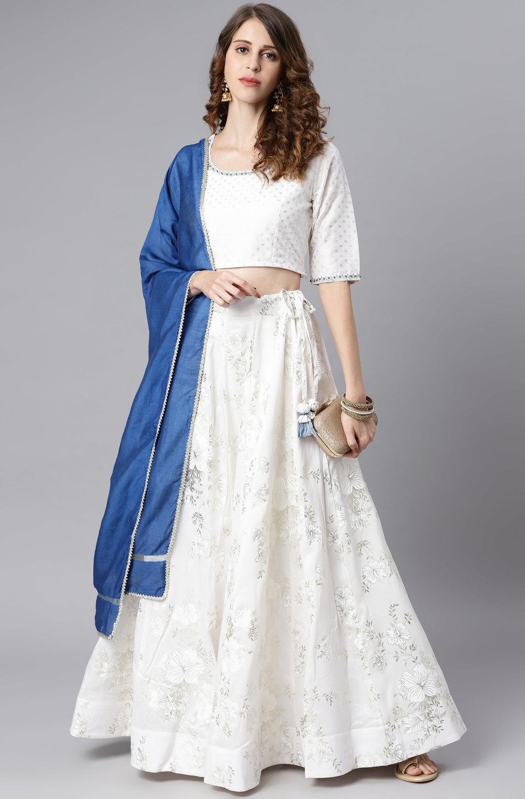 Janasya Women's White Poly Silk Floral Print Lehenga Choli With Dupatta