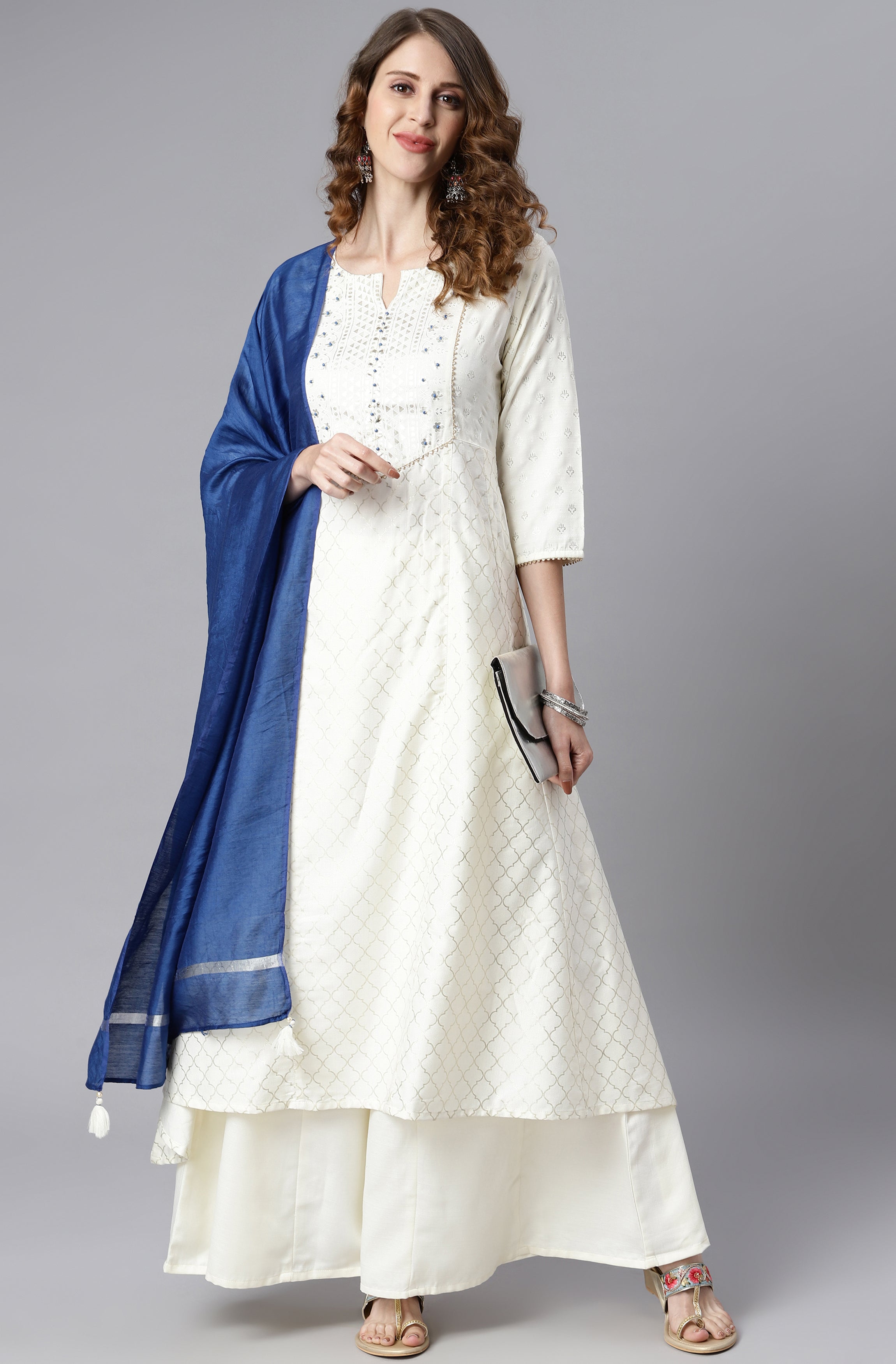 Janasya Women's Off- White Poly Silk Ethnic Motifs Kurta With Palazzo And Dupatta