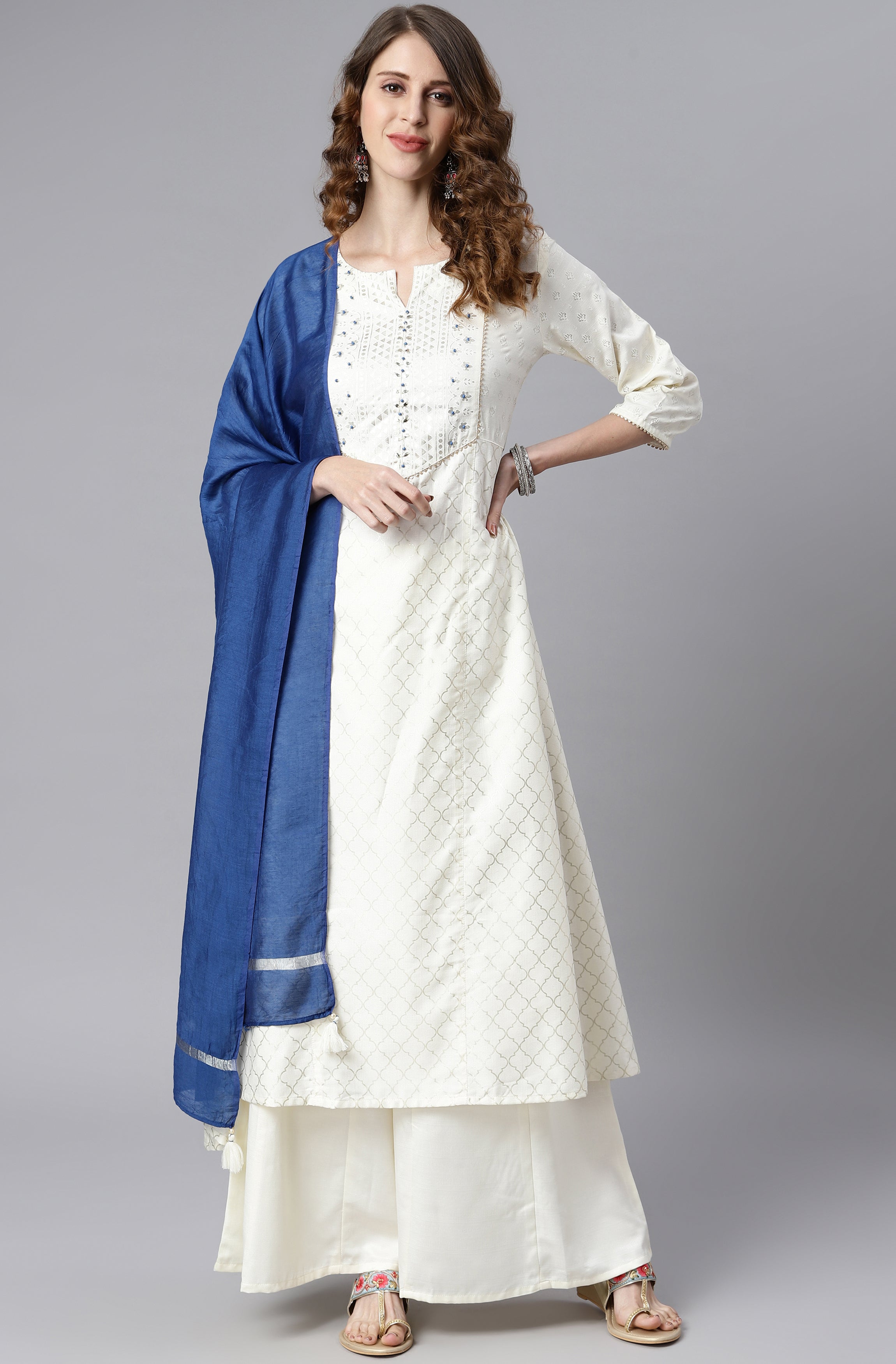 Janasya Women's Off- White Poly Silk Ethnic Motifs Kurta With Palazzo And Dupatta
