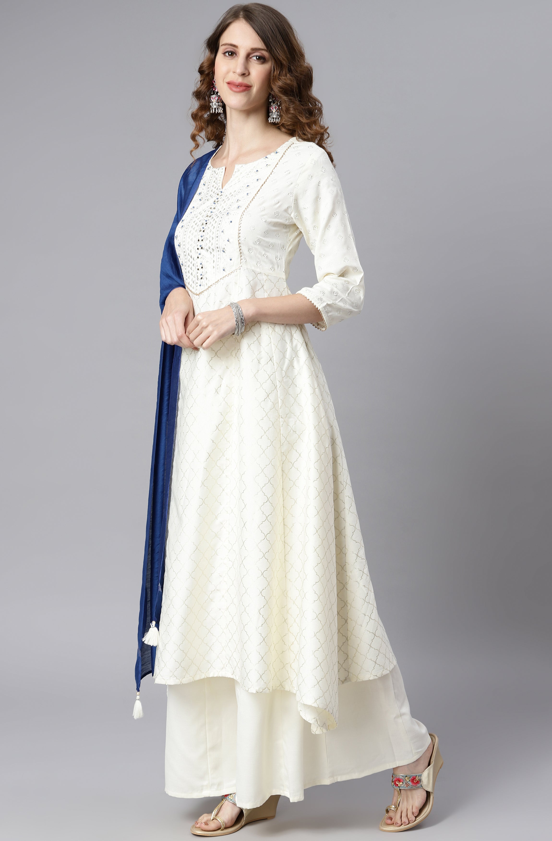 Janasya Women's Off- White Poly Silk Ethnic Motifs Kurta With Palazzo And Dupatta