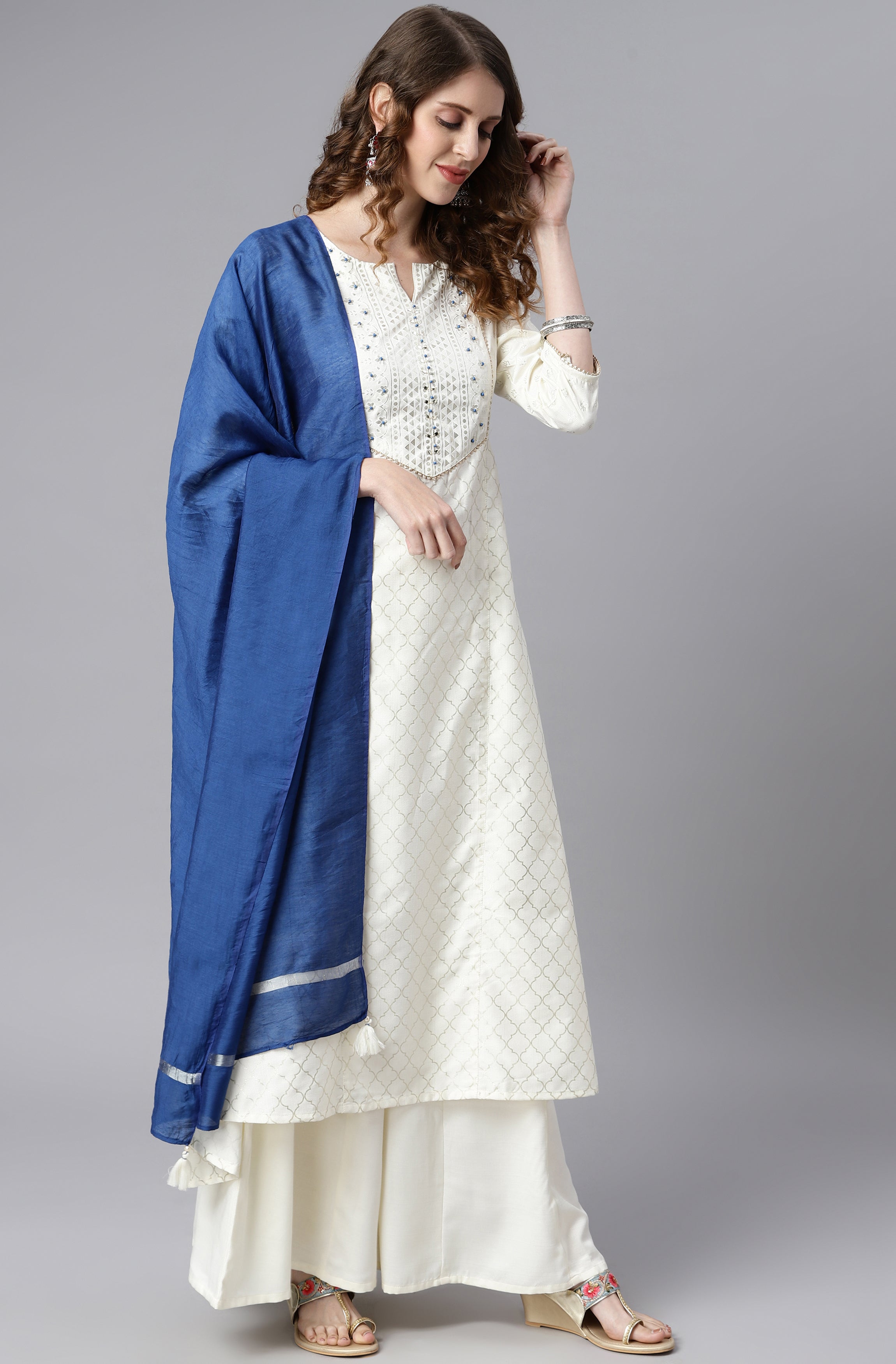 Janasya Women's Off- White Poly Silk Ethnic Motifs Kurta With Palazzo And Dupatta