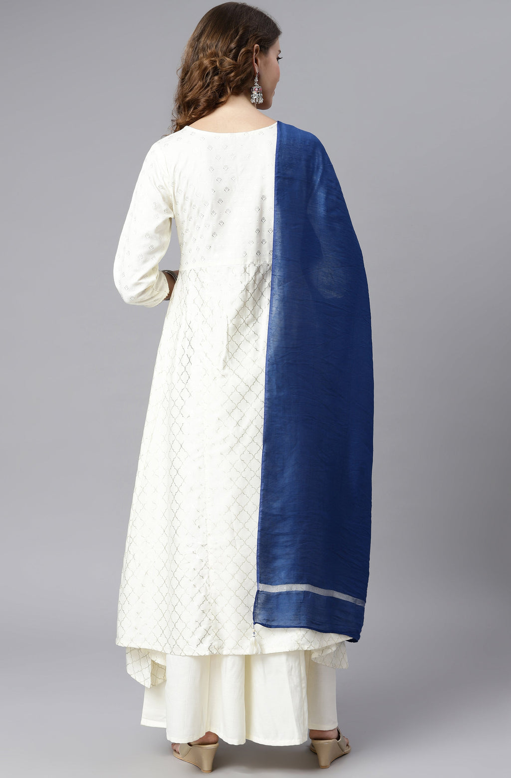 Janasya Women's Off- White Poly Silk Ethnic Motifs Kurta With Palazzo And Dupatta