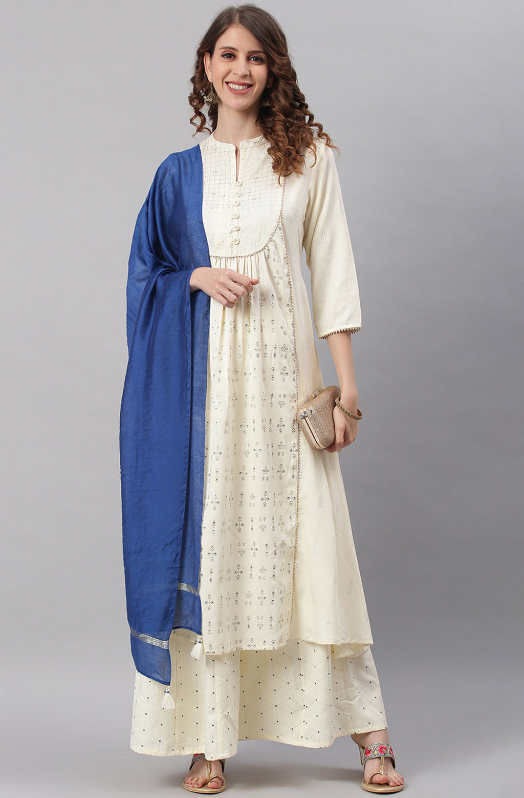 Janasya Women's Off- White Poly Silk Ethnic Motifs Kurta With Palazzo And Dupatta