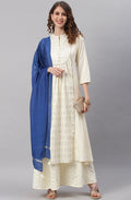 Janasya Women's Off- White Poly Silk Ethnic Motifs Kurta With Palazzo And Dupatta