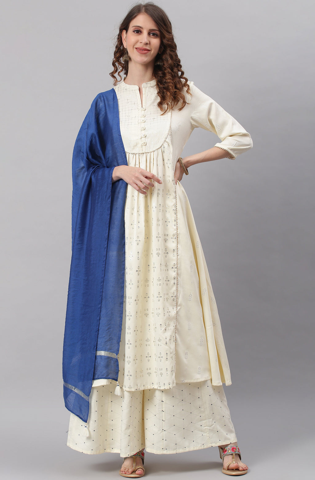 Janasya Women's Off- White Poly Silk Ethnic Motifs Kurta With Palazzo And Dupatta