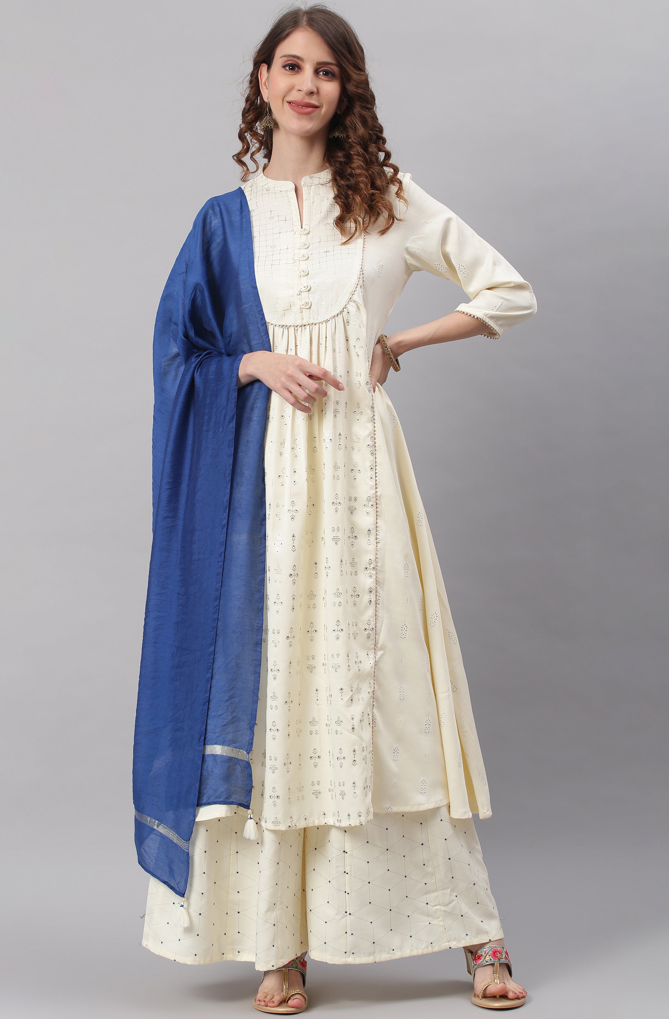 Janasya Women's Off- White Poly Silk Ethnic Motifs Kurta With Palazzo And Dupatta