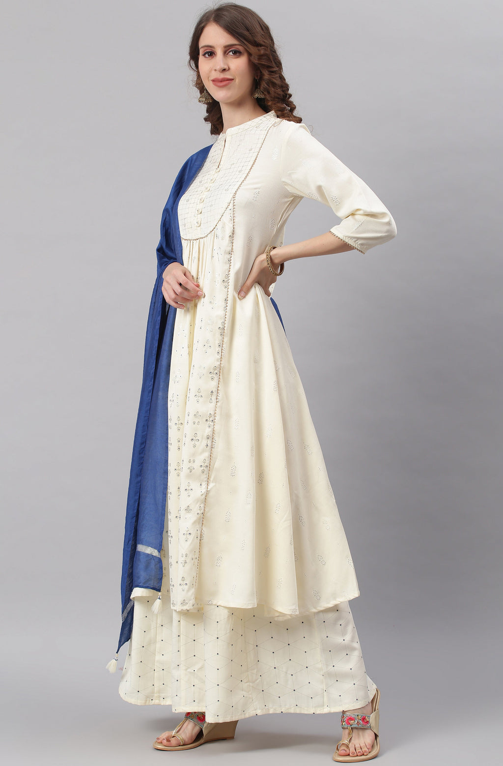 Janasya Women's Off- White Poly Silk Ethnic Motifs Kurta With Palazzo And Dupatta