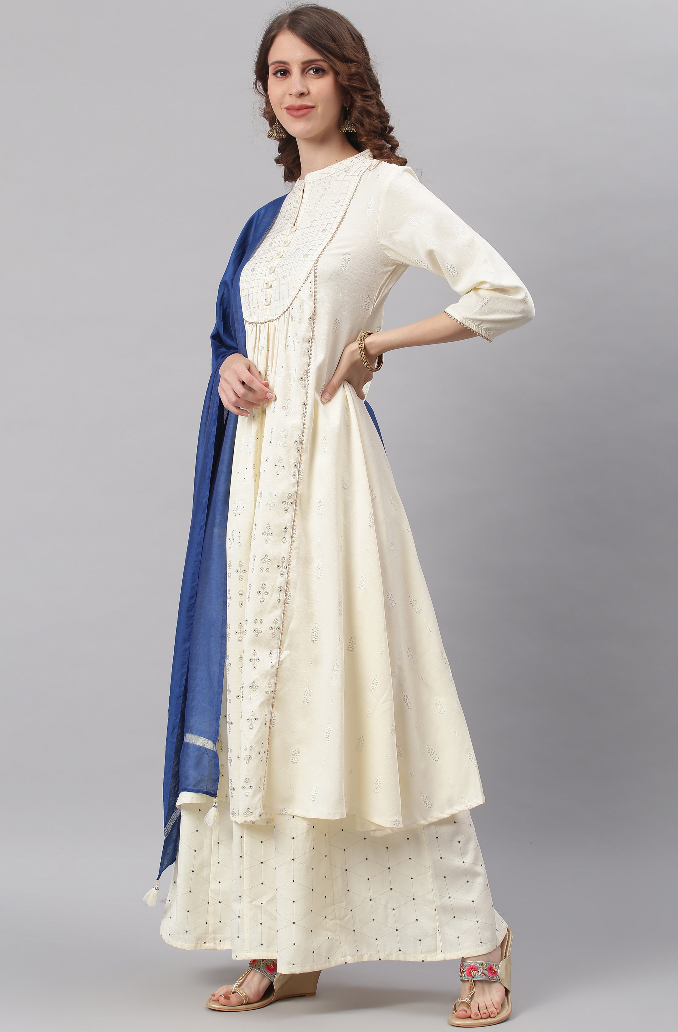 Janasya Women's Off- White Poly Silk Ethnic Motifs Kurta With Palazzo And Dupatta