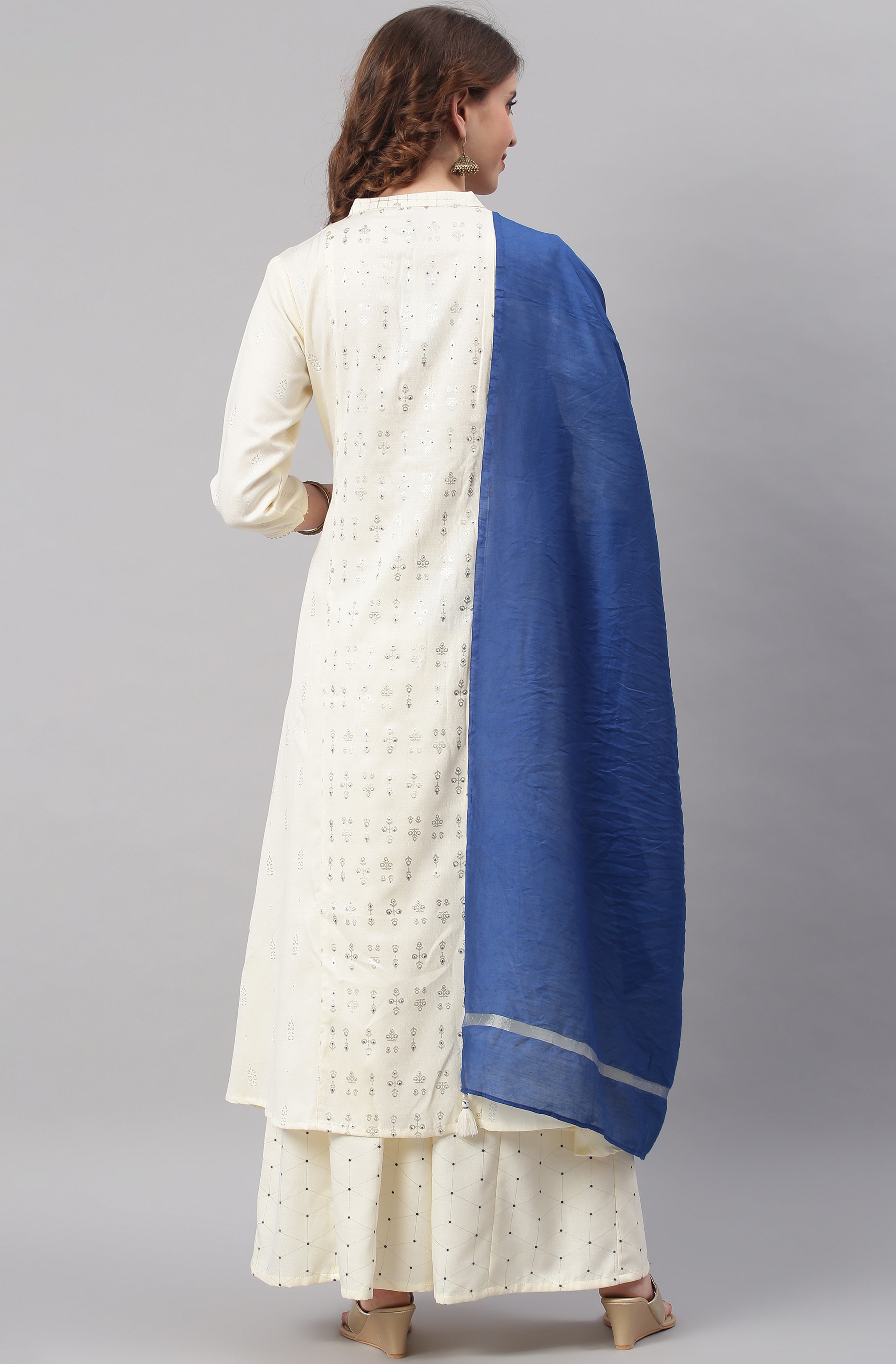 Janasya Women's Off- White Poly Silk Ethnic Motifs Kurta With Palazzo And Dupatta