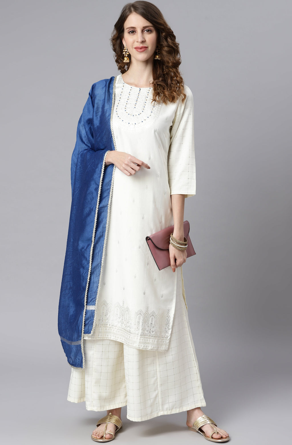 Janasya Women's Off- White Poly Silk Ethnic Motifs Kurta With Palazzo And Dupatta
