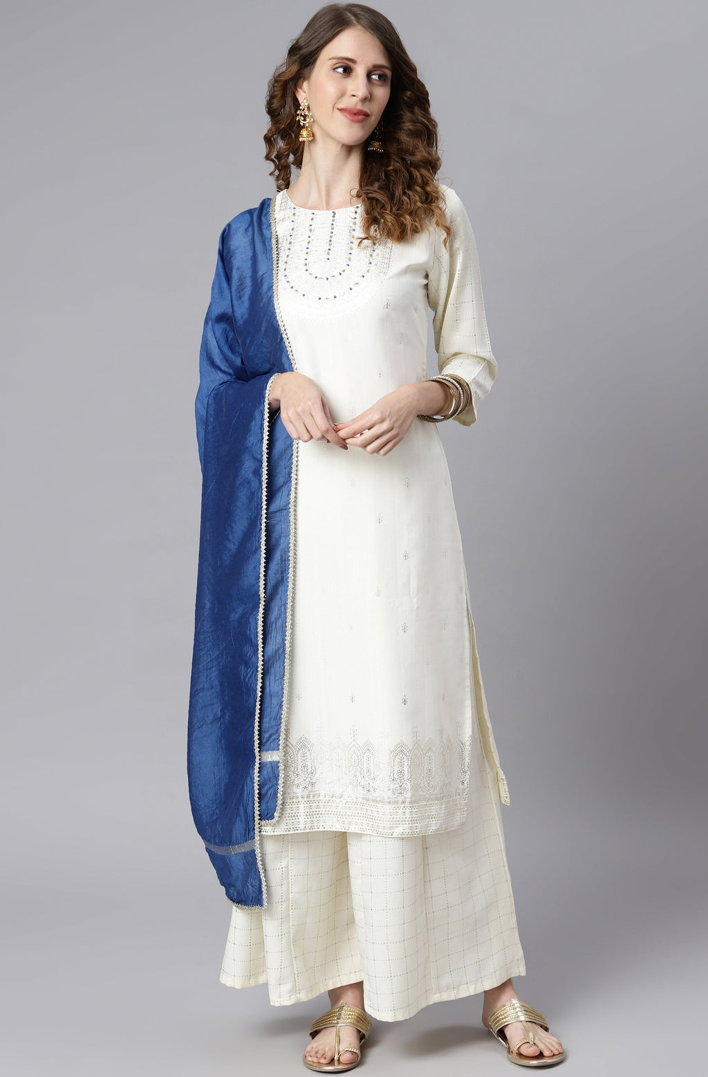 Janasya Women's Off- White Poly Silk Ethnic Motifs Kurta With Palazzo And Dupatta