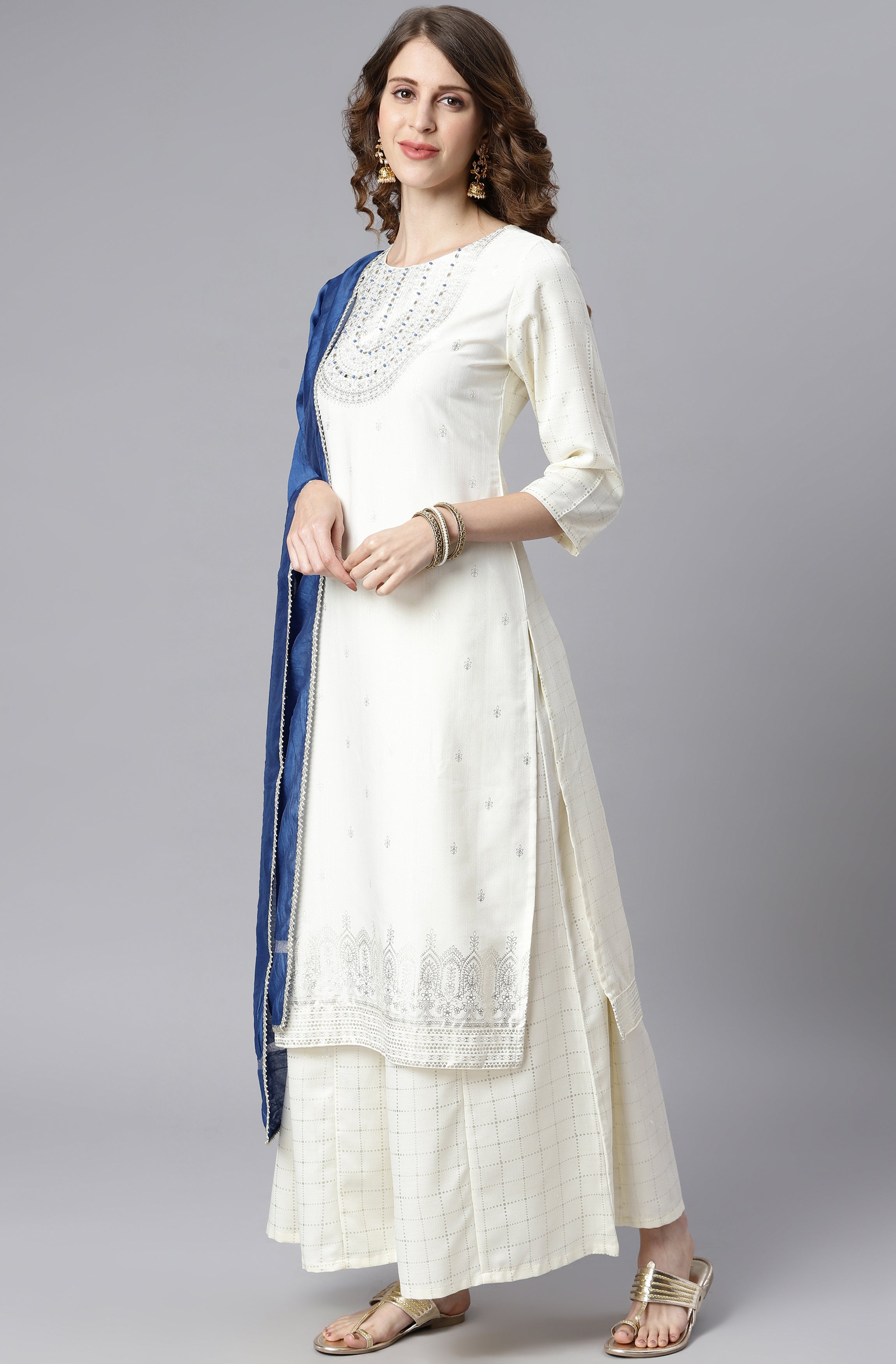 Janasya Women's Off- White Poly Silk Ethnic Motifs Kurta With Palazzo And Dupatta