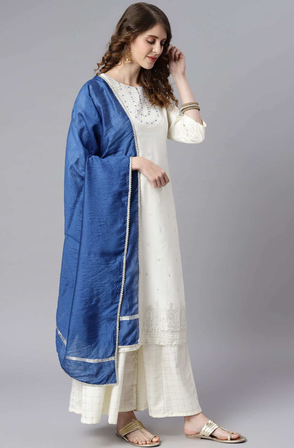 Janasya Women's Off- White Poly Silk Ethnic Motifs Kurta With Palazzo And Dupatta