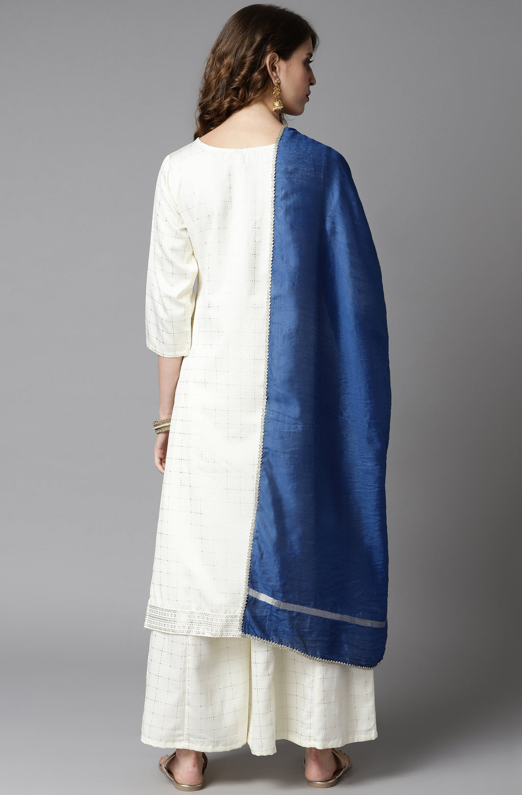 Janasya Women's Off- White Poly Silk Ethnic Motifs Kurta With Palazzo And Dupatta