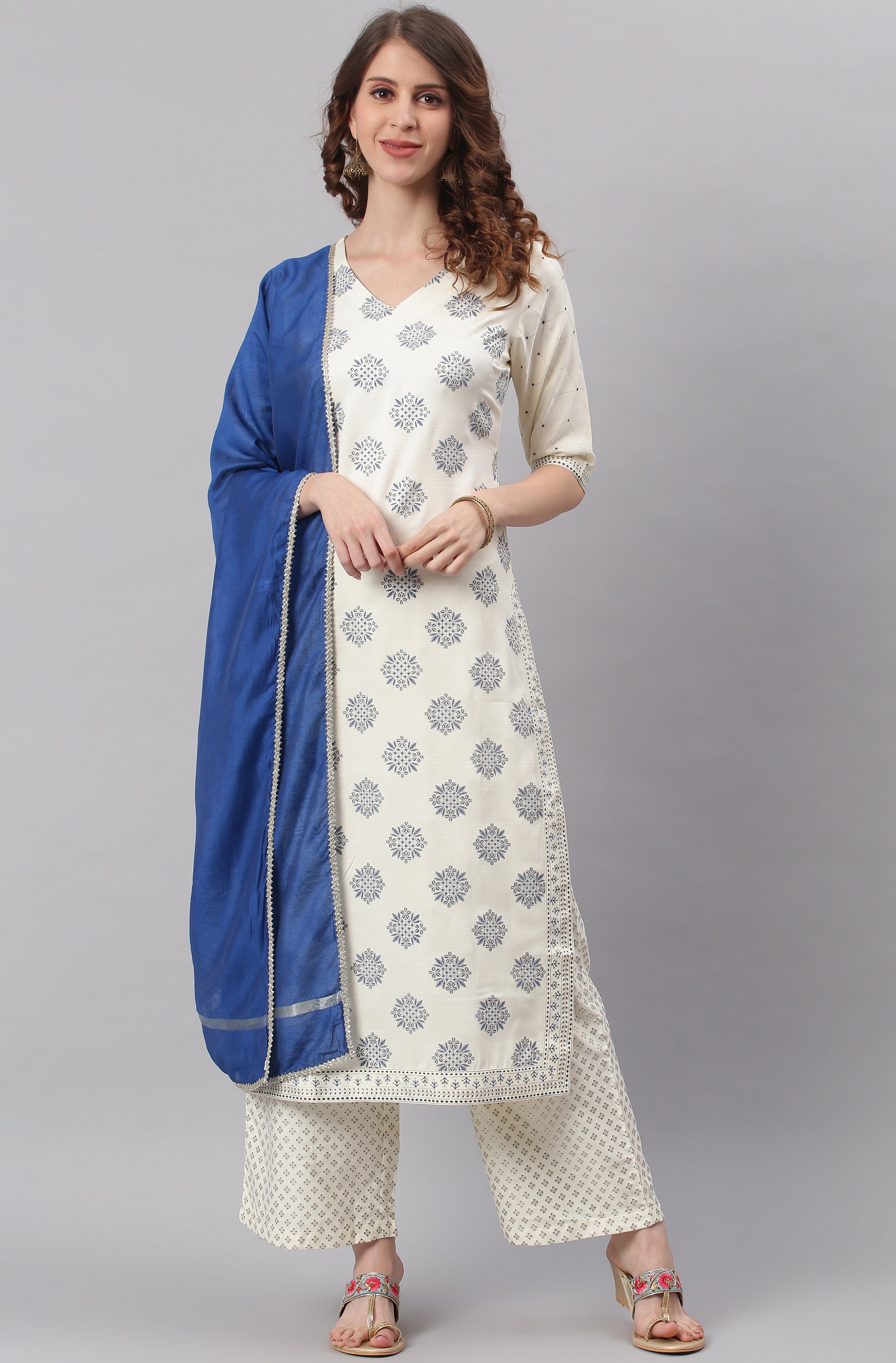Janasya Women's Off- White Poly Silk Ethnic Motifs Kurta With Palazzo And Dupatta