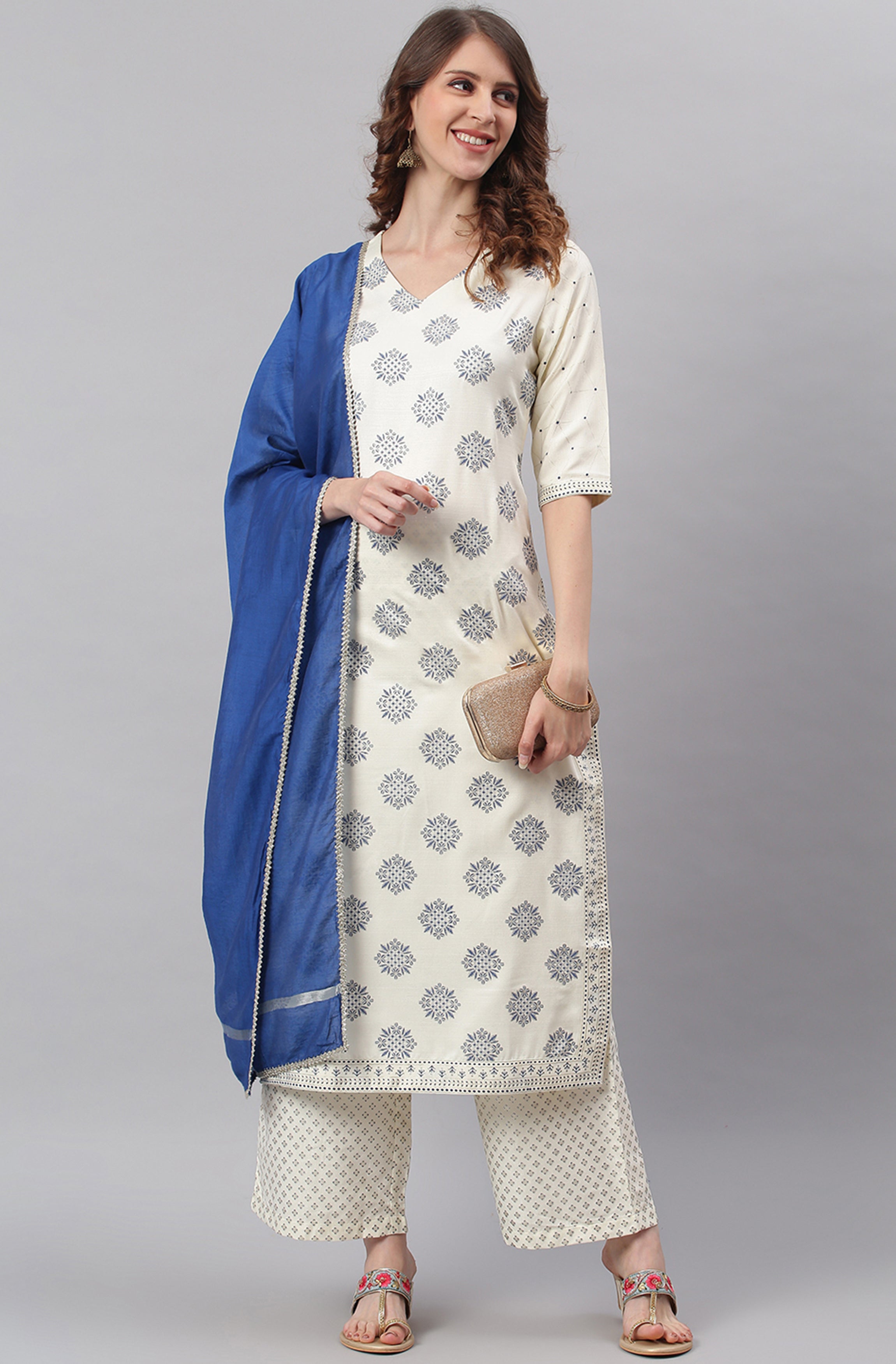 Janasya Women's Off- White Poly Silk Ethnic Motifs Kurta With Palazzo And Dupatta