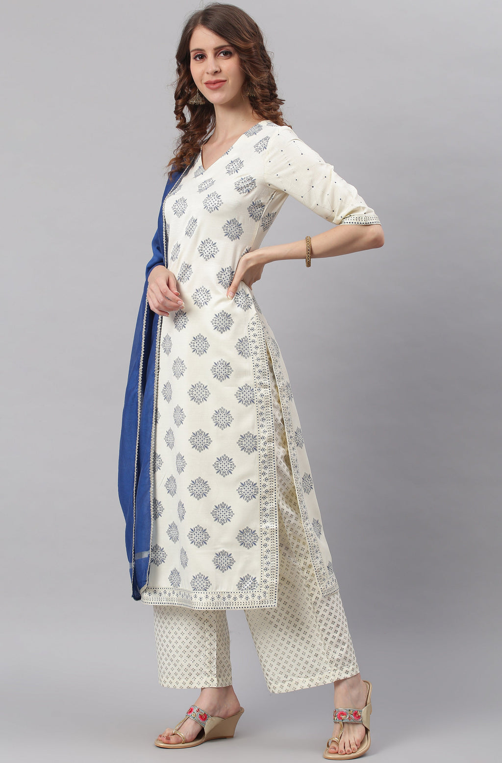 Janasya Women's Off- White Poly Silk Ethnic Motifs Kurta With Palazzo And Dupatta