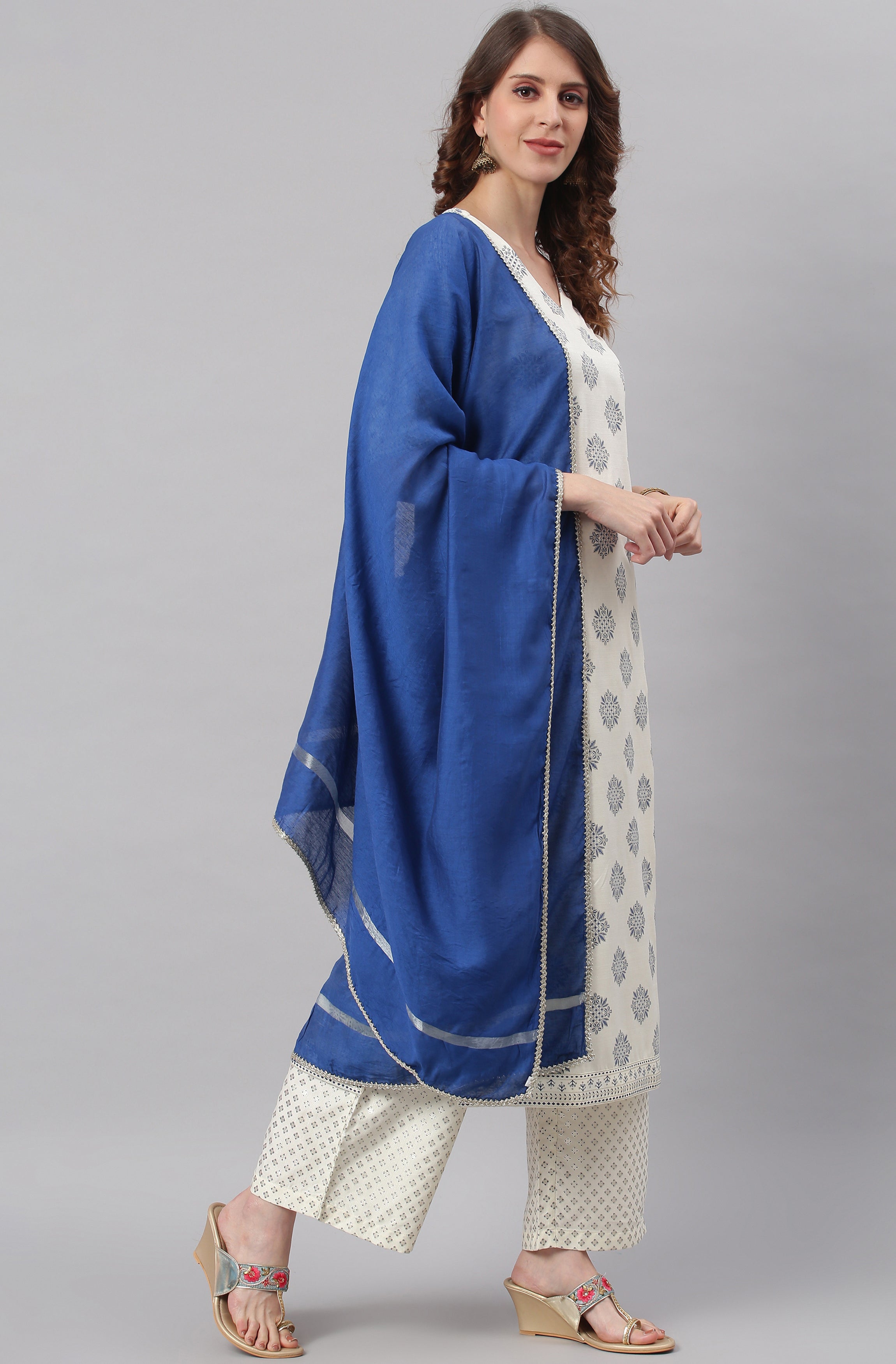 Janasya Women's Off- White Poly Silk Ethnic Motifs Kurta With Palazzo And Dupatta