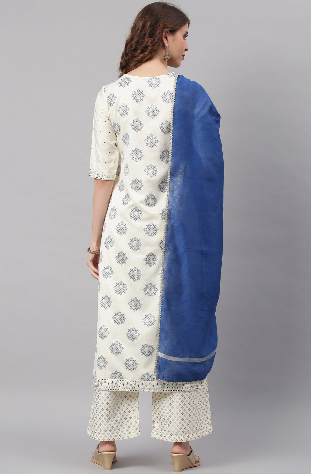 Janasya Women's Off- White Poly Silk Ethnic Motifs Kurta With Palazzo And Dupatta