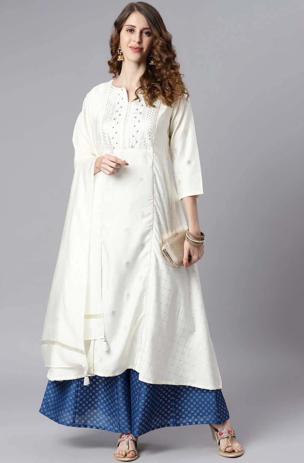 Janasya Women's Off- White Poly Silk Ethnic Motifs Kurta With Palazzo And Dupatta