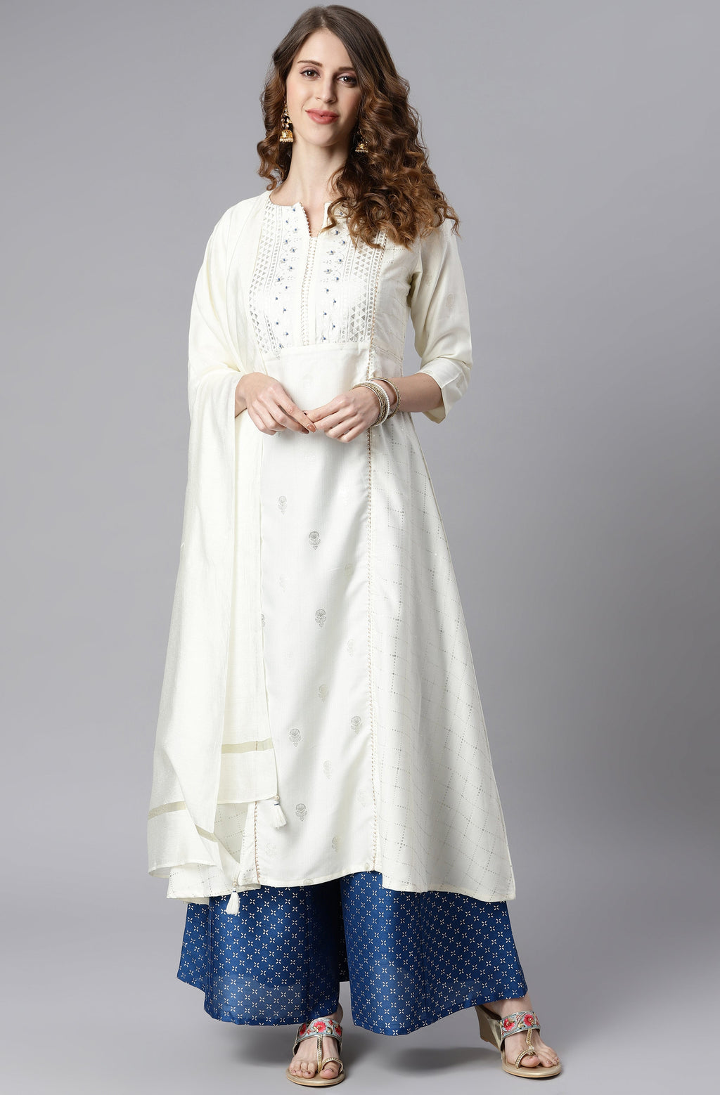 Janasya Women's Off- White Poly Silk Ethnic Motifs Kurta With Palazzo And Dupatta