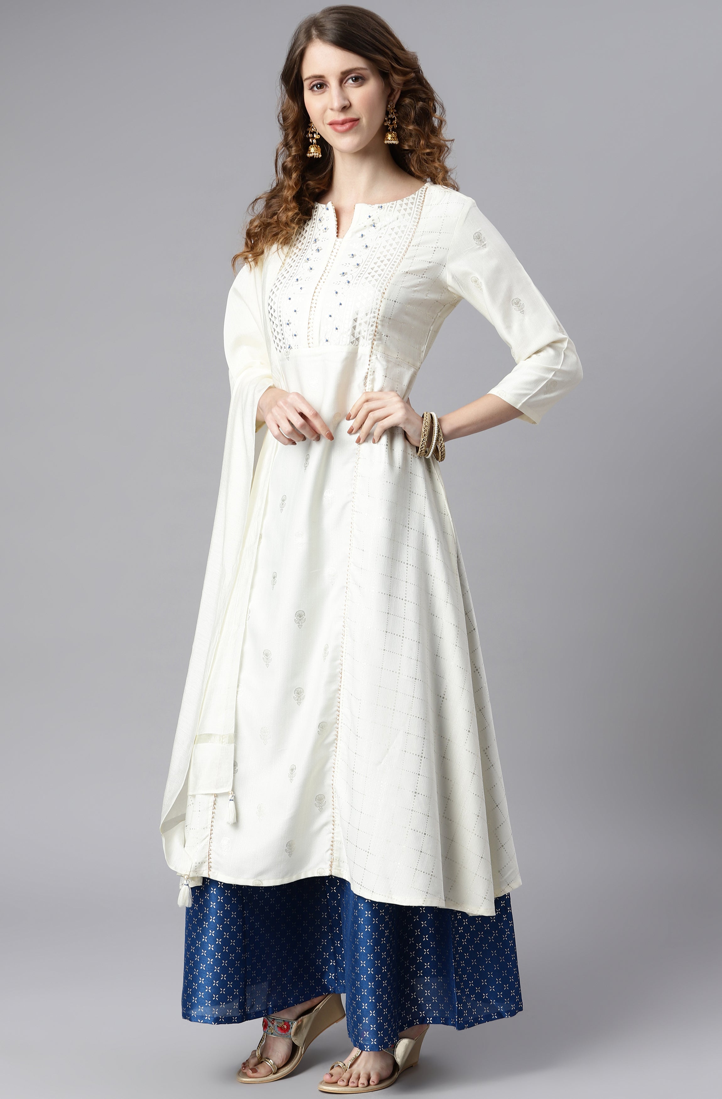 Janasya Women's Off- White Poly Silk Ethnic Motifs Kurta With Palazzo And Dupatta
