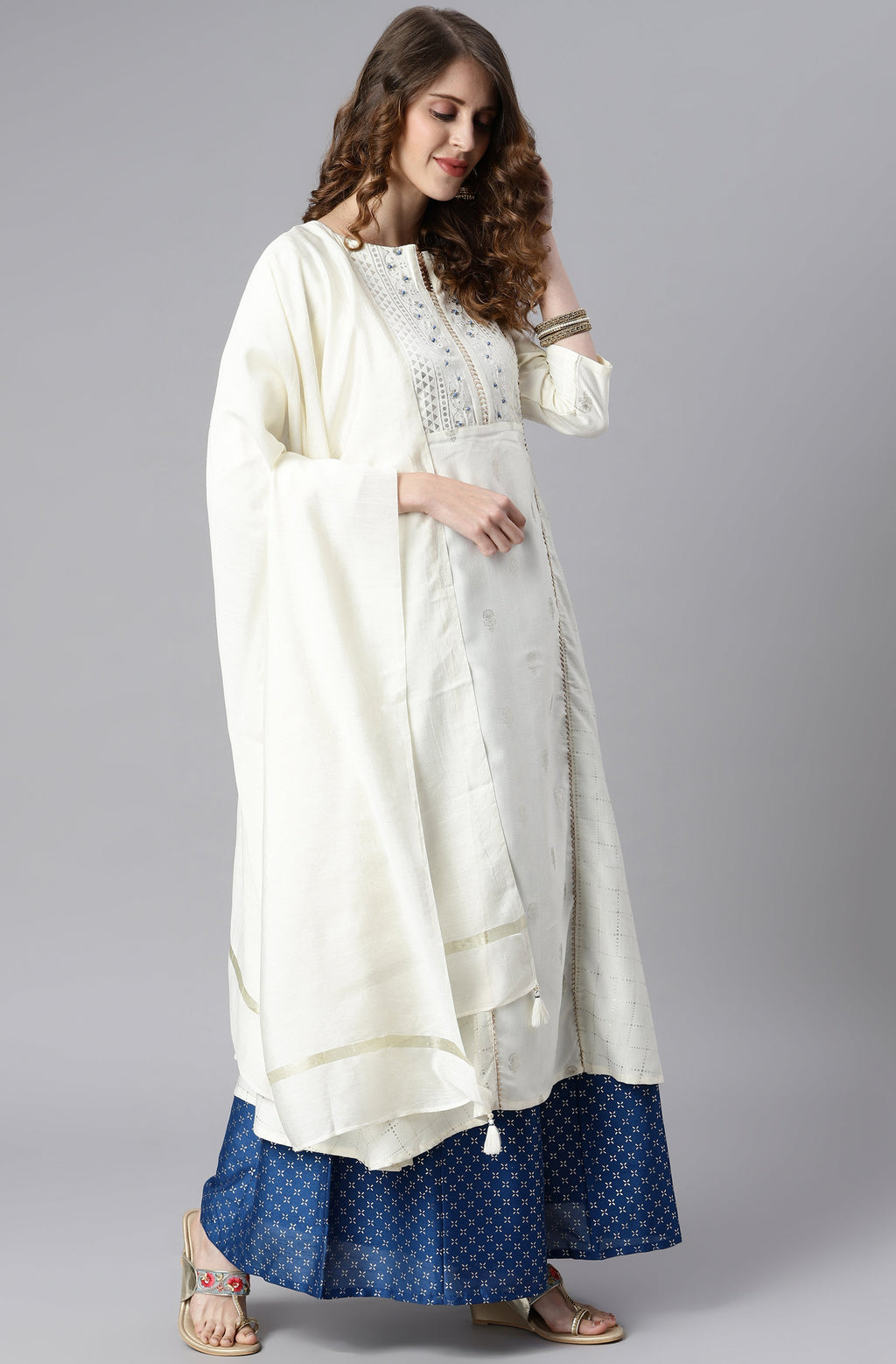 Janasya Women's Off- White Poly Silk Ethnic Motifs Kurta With Palazzo And Dupatta