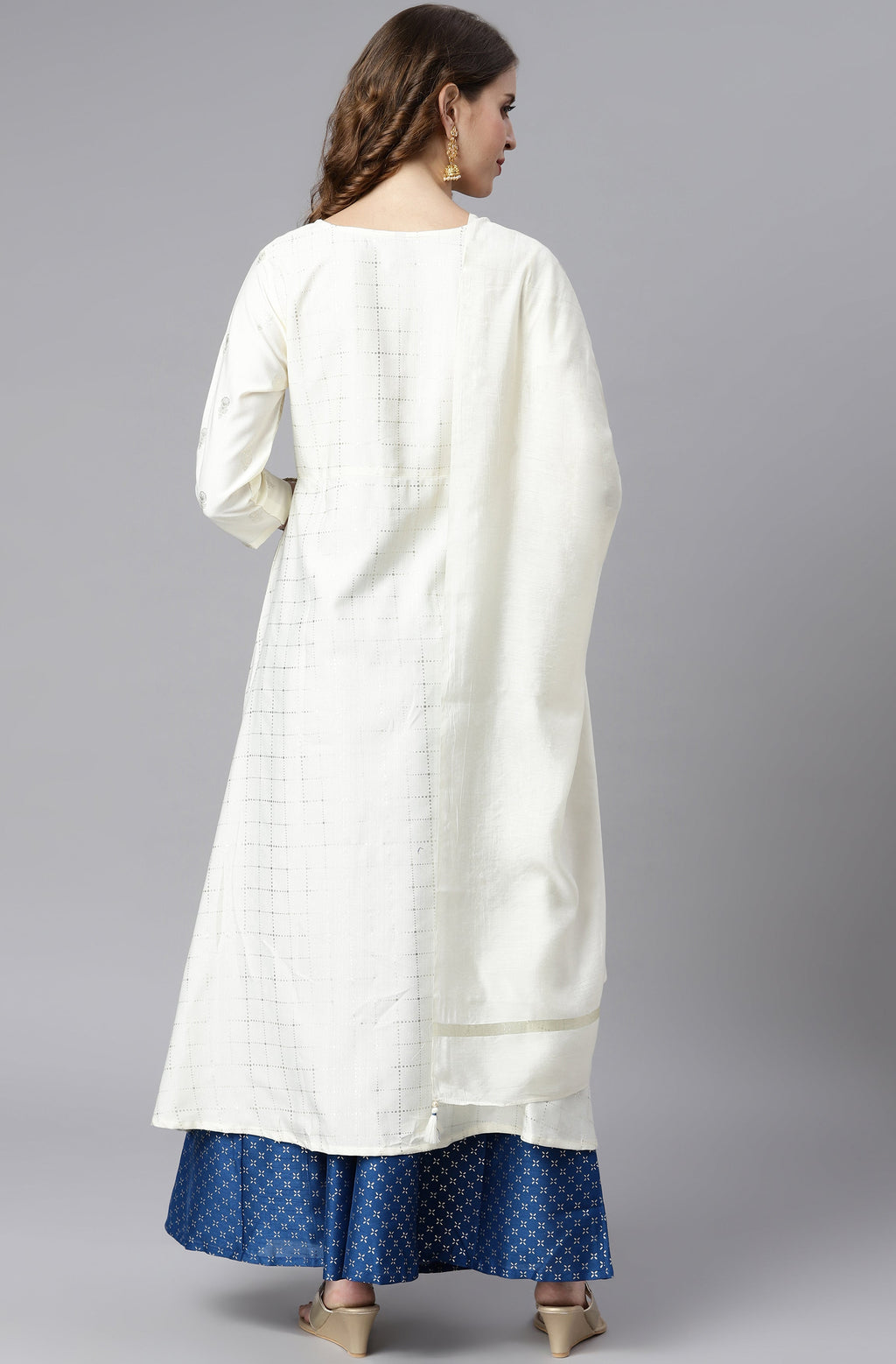 Janasya Women's Off- White Poly Silk Ethnic Motifs Kurta With Palazzo And Dupatta