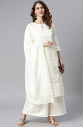 Janasya Women's Off- White Poly Silk Ethnic Motifs Kurta With Palazzo And Dupatta