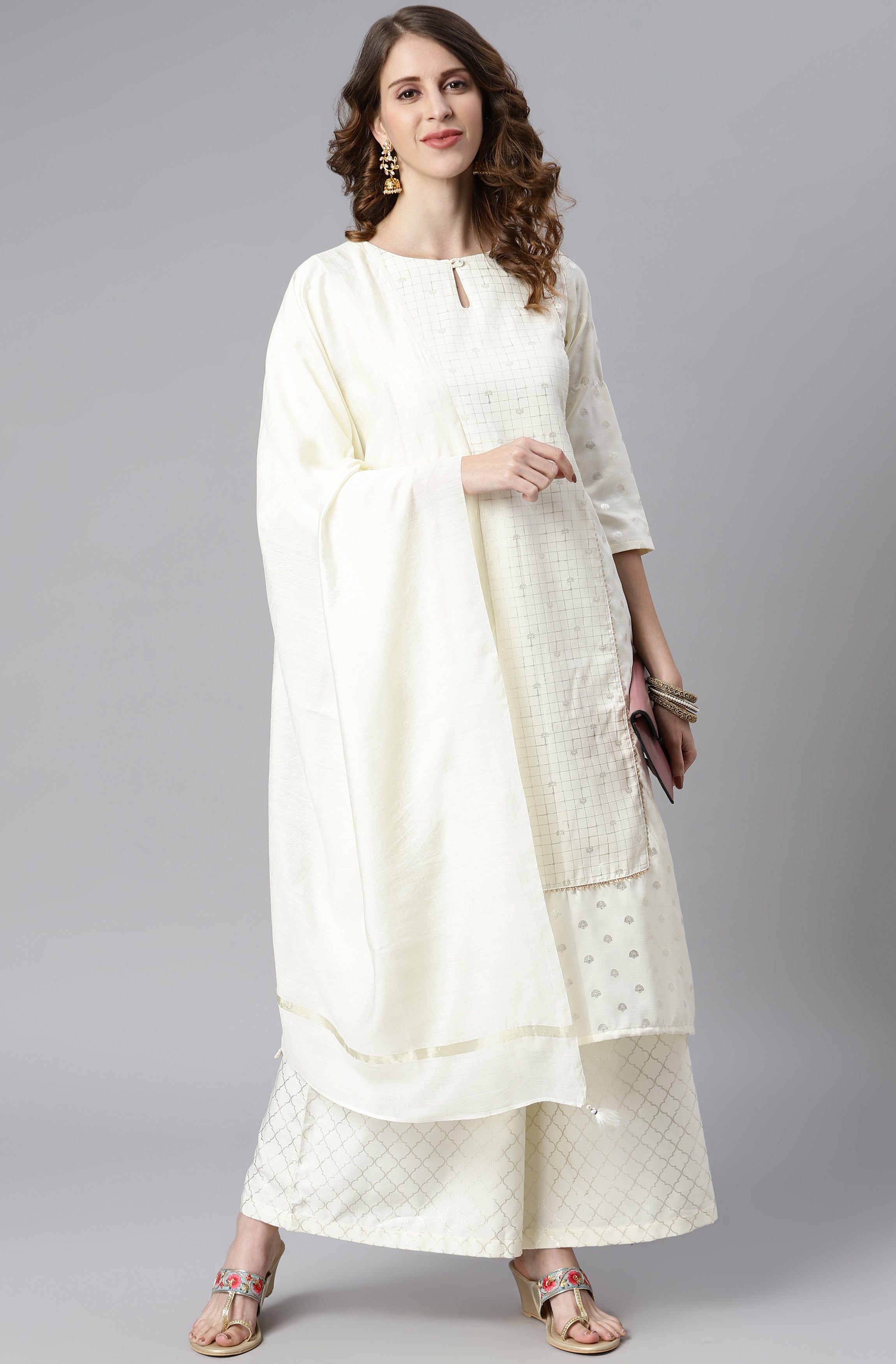 Janasya Women's Off- White Poly Silk Ethnic Motifs Kurta With Palazzo And Dupatta