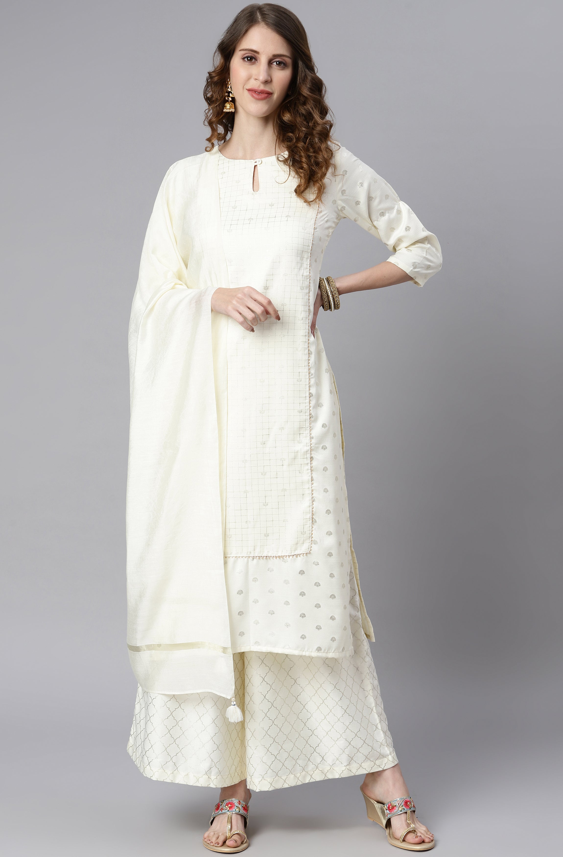 Janasya Women's Off- White Poly Silk Ethnic Motifs Kurta With Palazzo And Dupatta