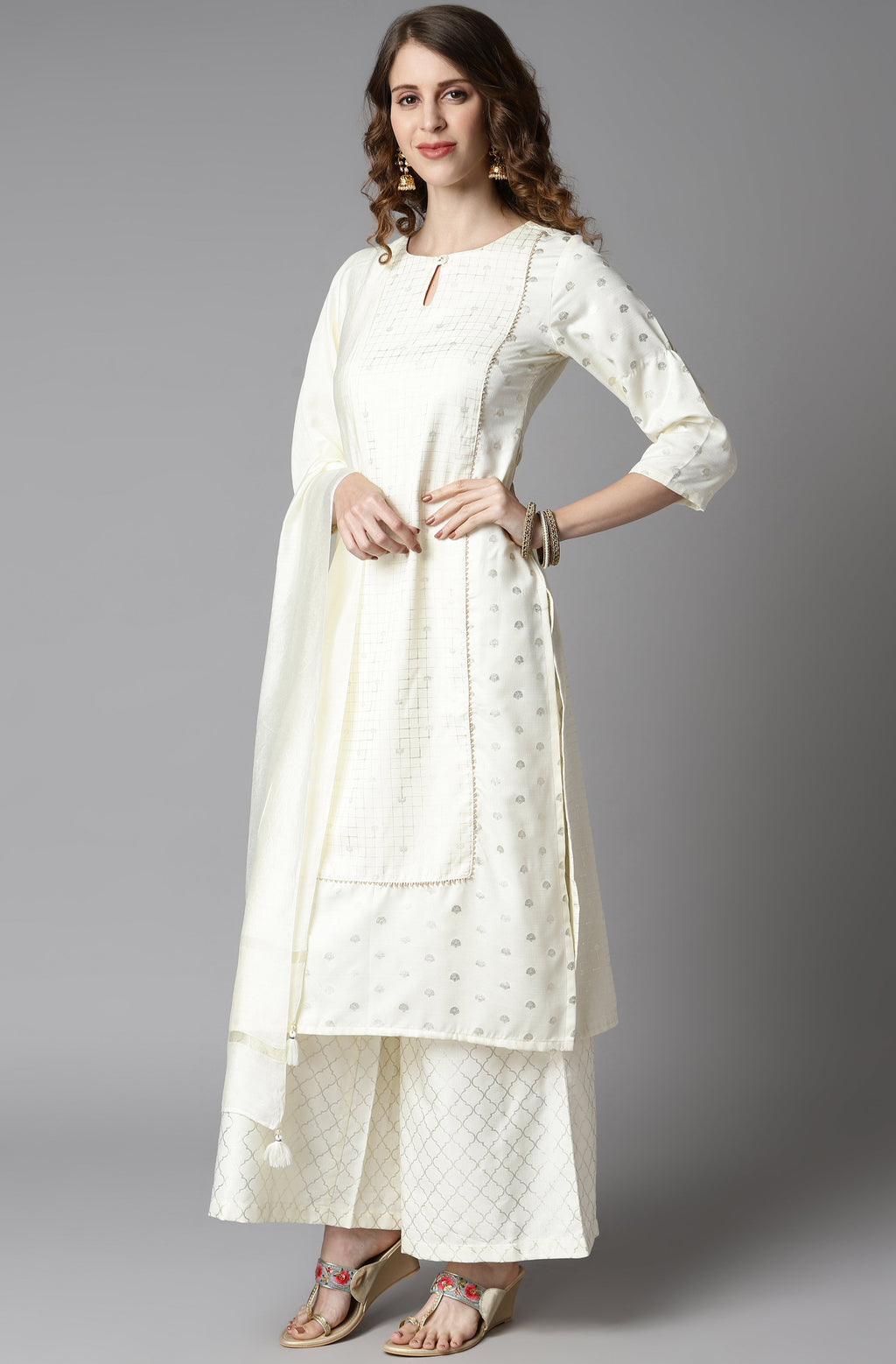 Janasya Women's Off- White Poly Silk Ethnic Motifs Kurta With Palazzo And Dupatta
